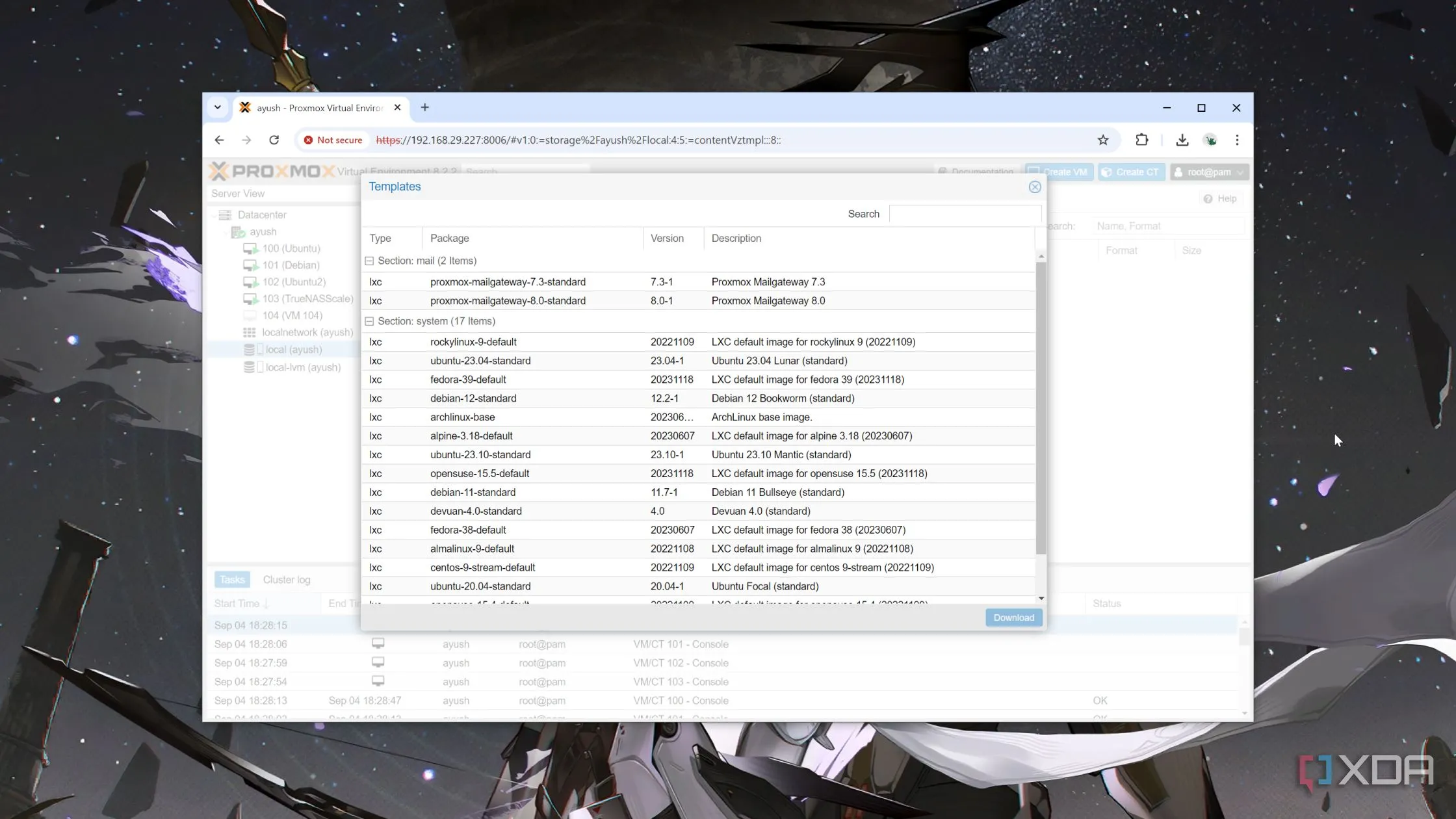Giao diện tổng quan các container trong môi trường Proxmox, thể hiện hệ sinh thái self-hosting
