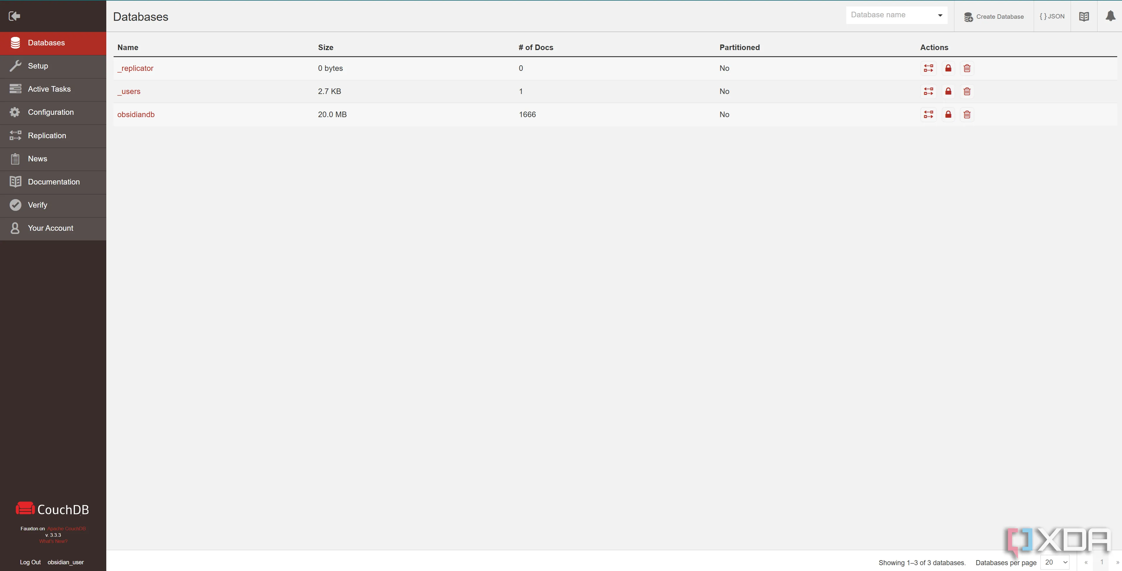 Giao diện trang chủ CouchDB sau khi đăng nhập, hiển thị các database hiện có để đồng bộ Obsidian.