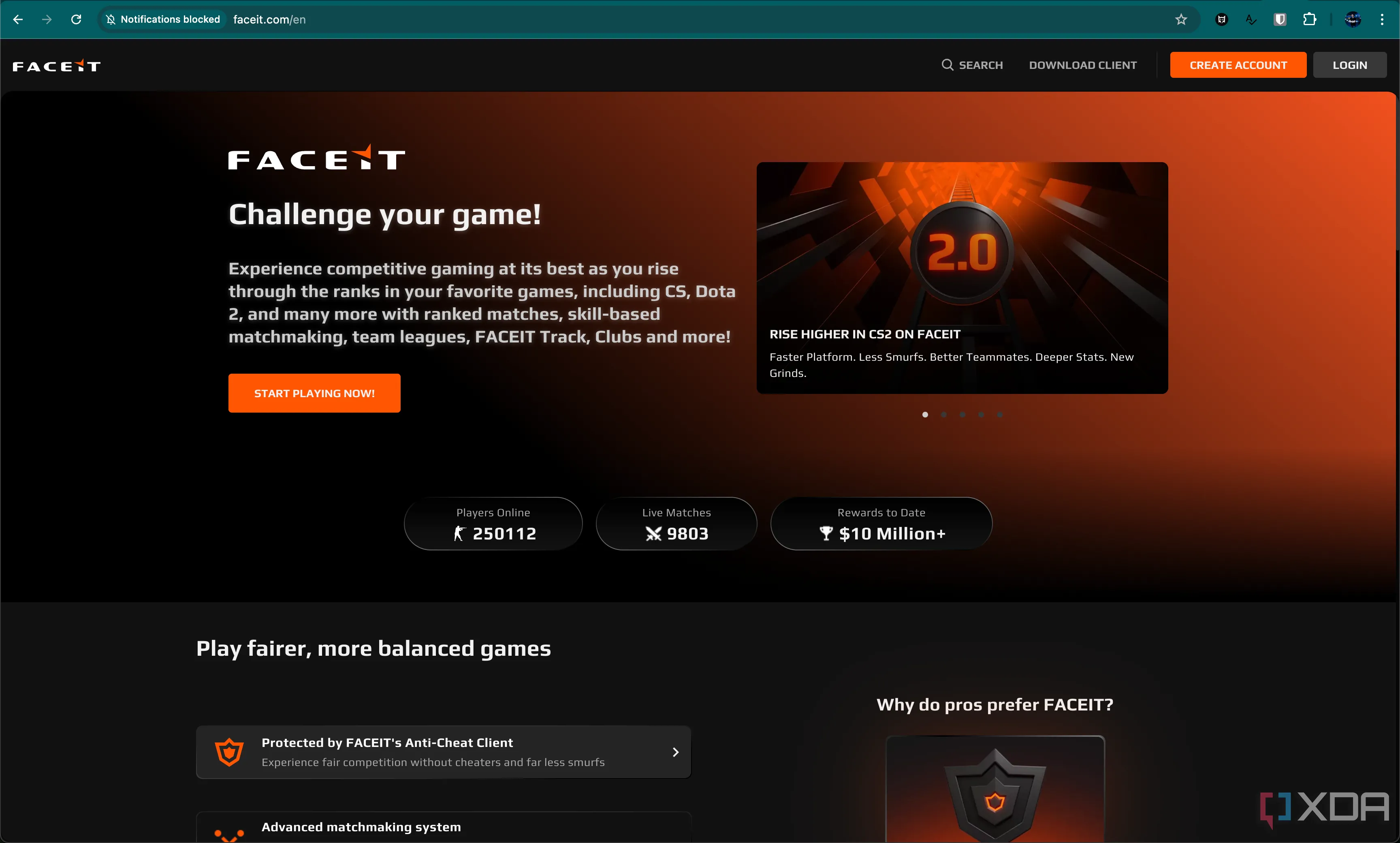 Giao diện trang chủ của nền tảng matchmaking Faceit, một giải pháp thay thế cho hệ thống tìm trận mặc định của Counter-Strike, hiển thị các trận đấu, bảng xếp hạng và thông tin người chơi, dành cho những ai muốn trải nghiệm thi đấu chuyên nghiệp hơn.