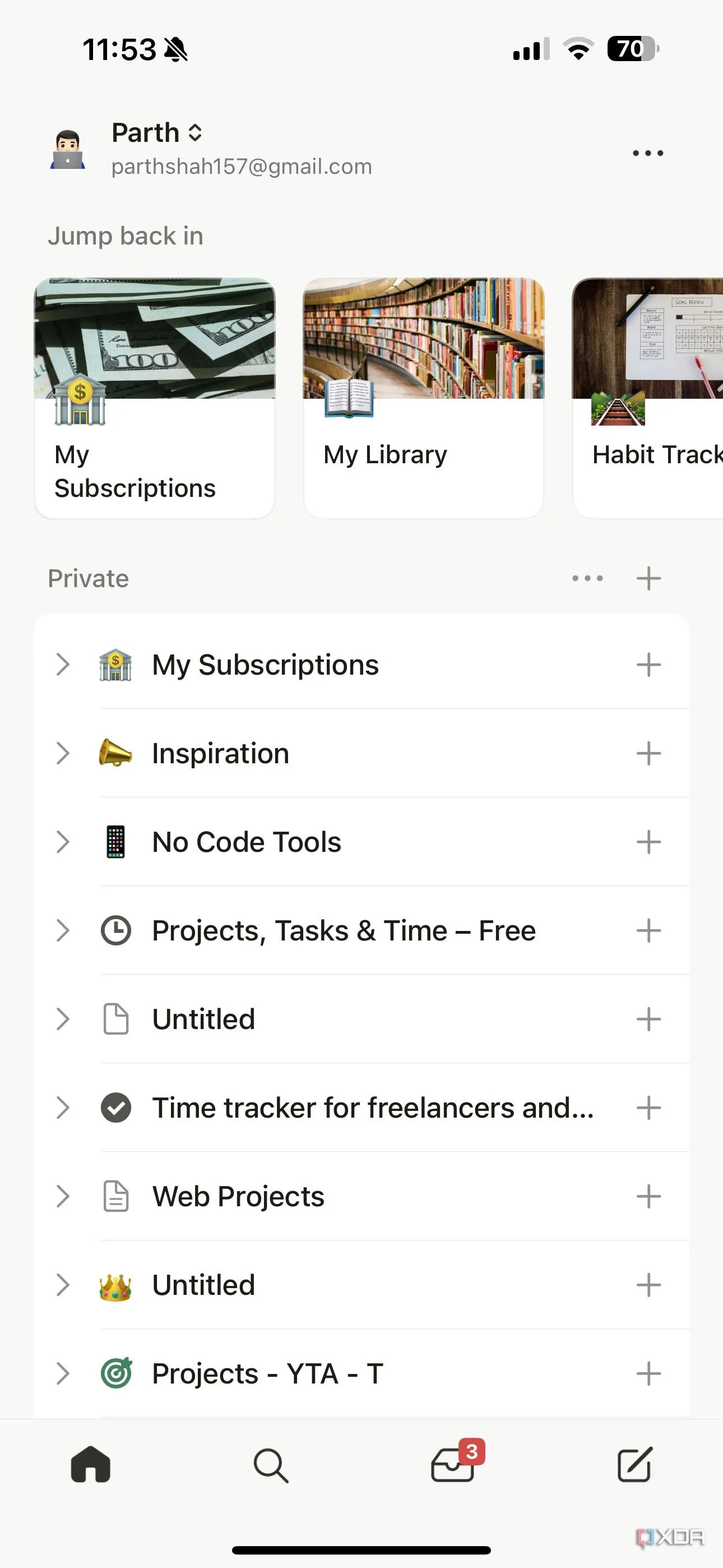 Giao diện trang chủ ứng dụng Notion trên hệ điều hành iOS