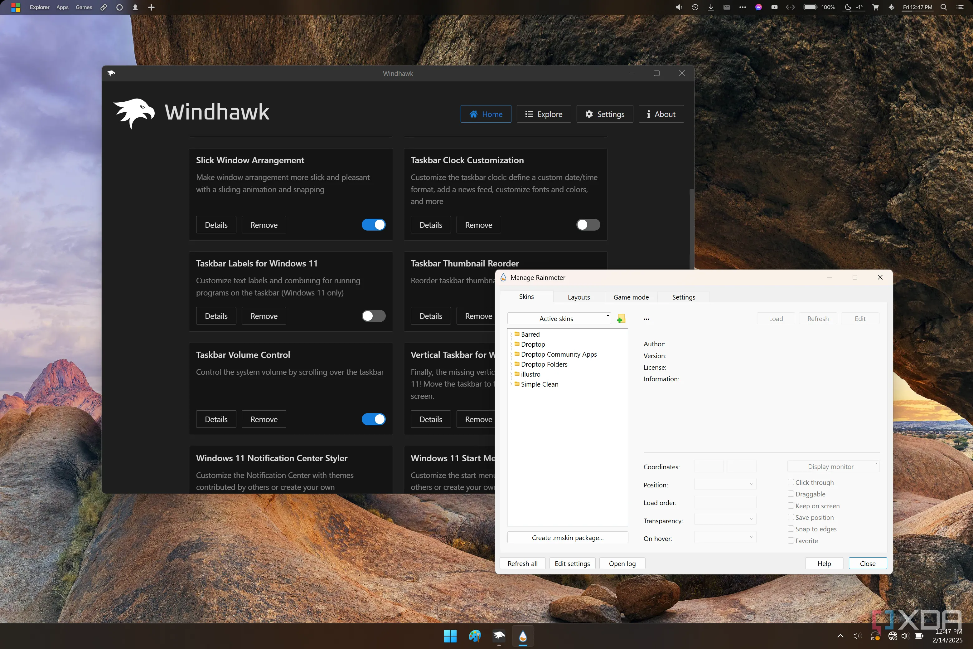 Giao diện trang chủ Windhawk và cài đặt Rainmeter trên Windows 11