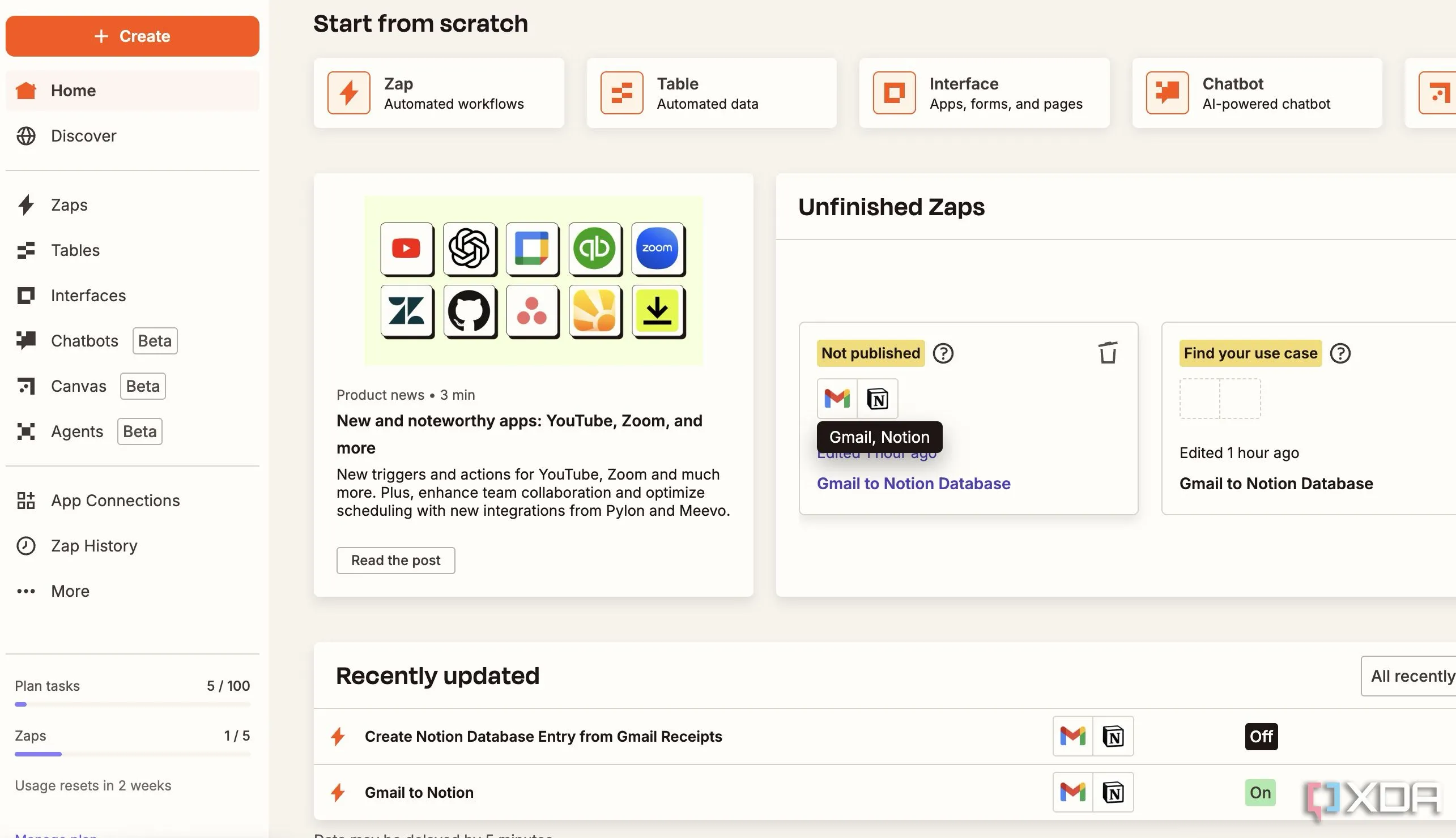 Giao diện trang chủ Zapier, nền tảng tự động hóa kết nối Gmail và Notion.