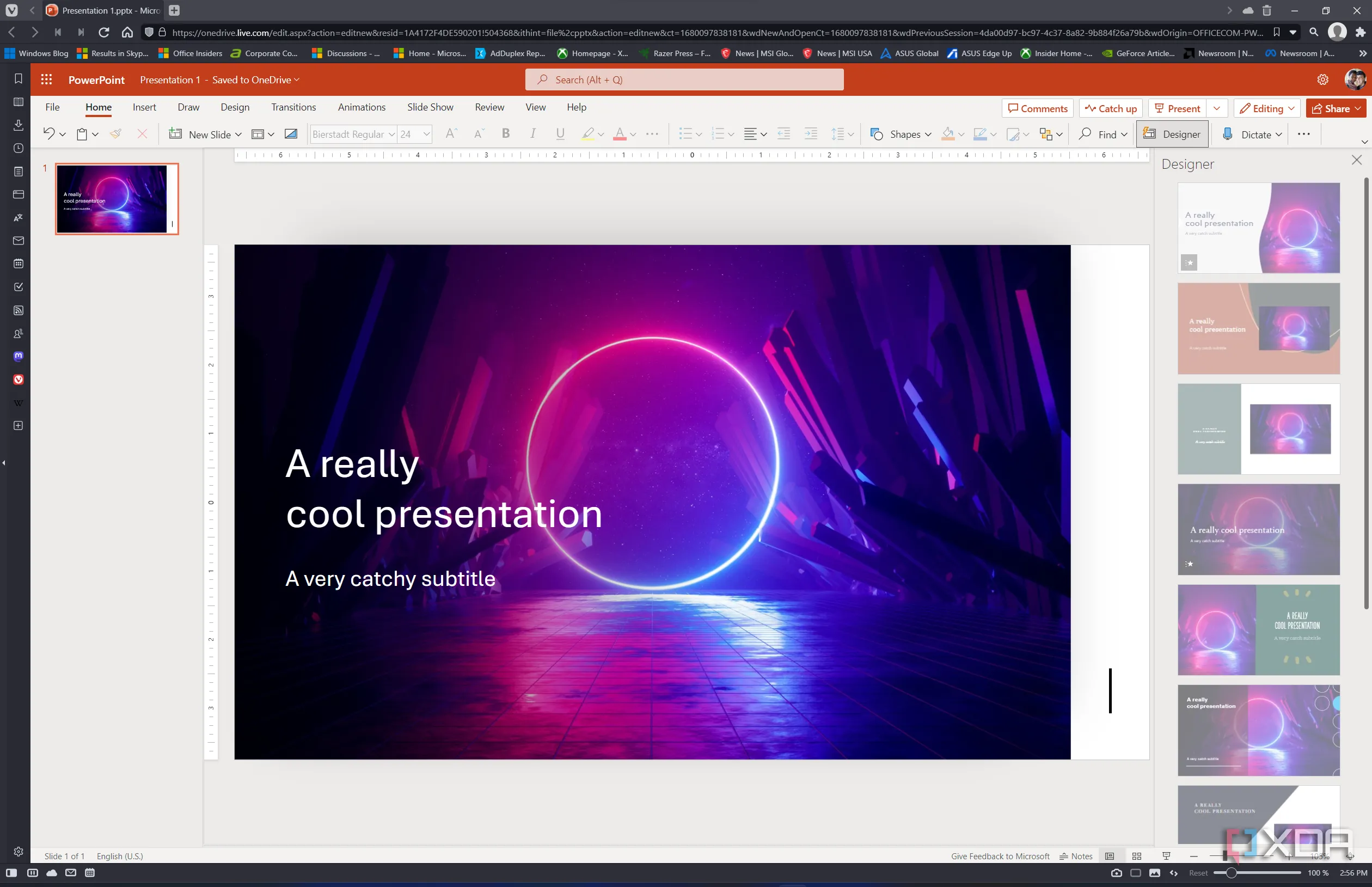 Giao diện trình chiếu PowerPoint trên nền web, hiển thị sự thiếu mượt mà và các tính năng hạn chế so với ứng dụng desktop, minh họa nhược điểm của ứng dụng web Microsoft 365.