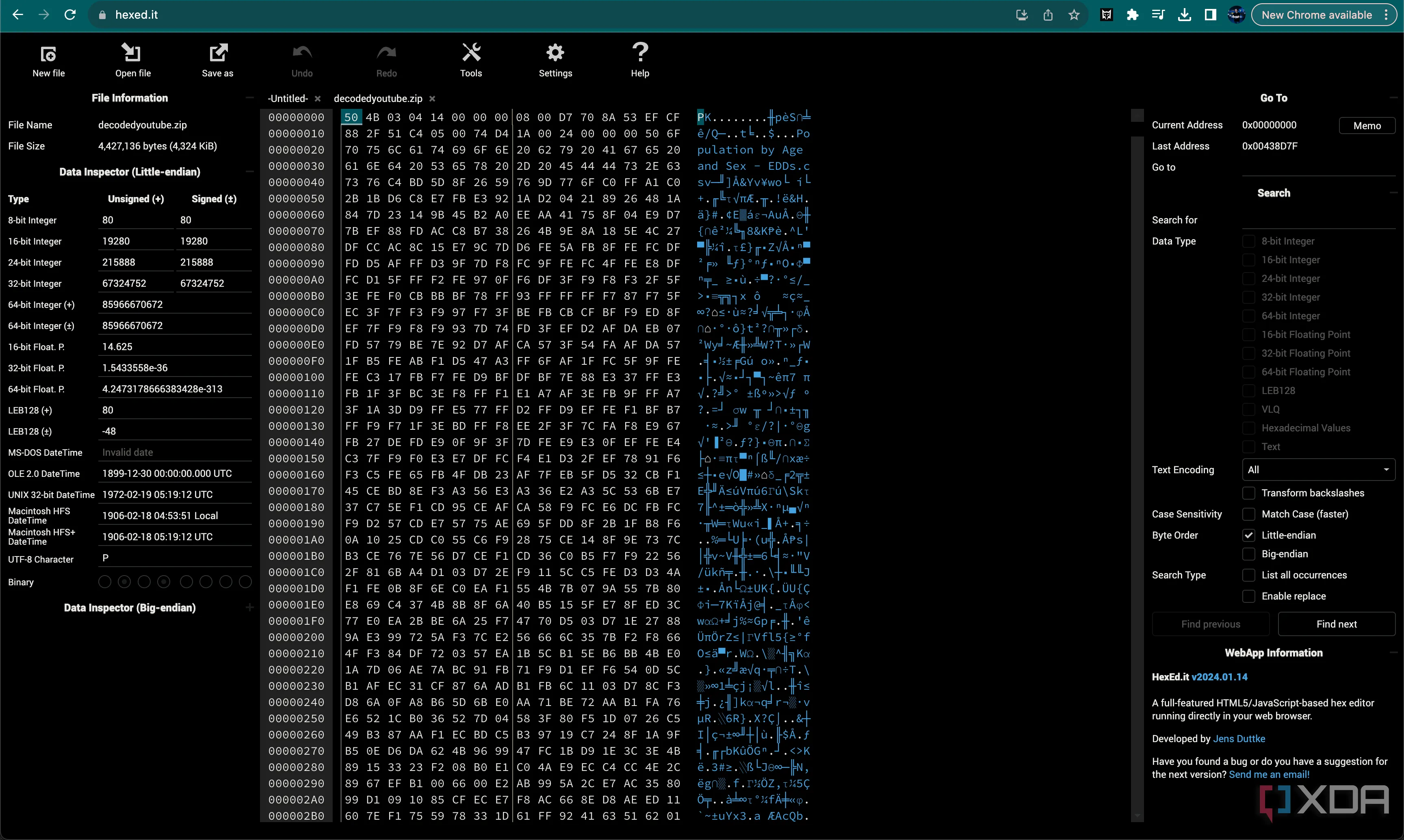 Giao diện trình chỉnh sửa Hex hiển thị siêu dữ liệu của file ZIP được giải mã, minh họa cách dữ liệu được lưu trữ dạng nhị phân.
