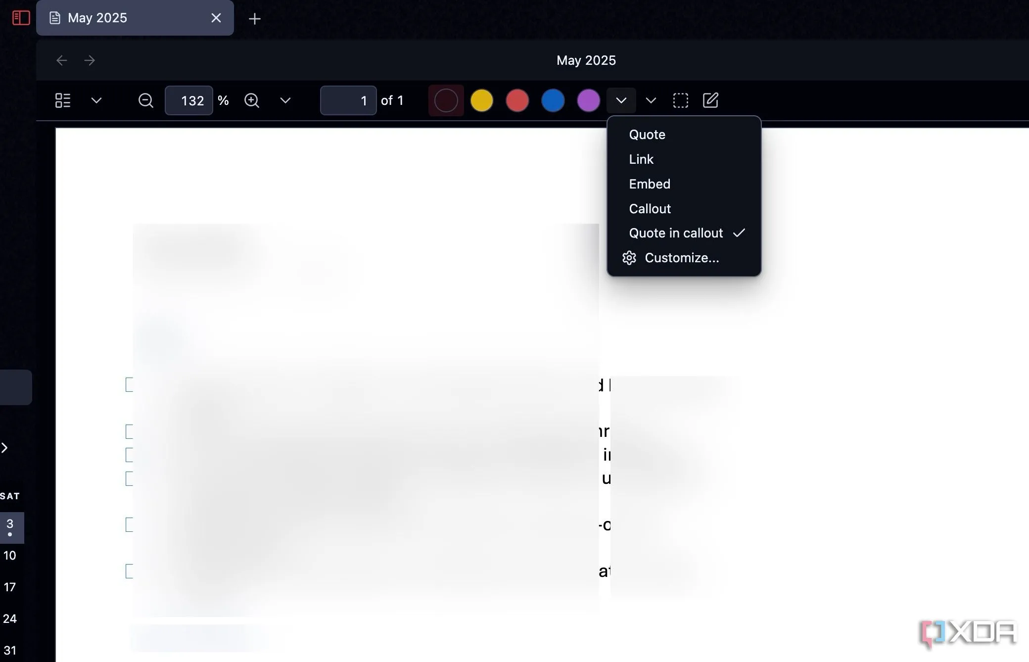 Giao diện trình chỉnh sửa PDF tích hợp trong Obsidian với các công cụ đánh dấu và ghi chú