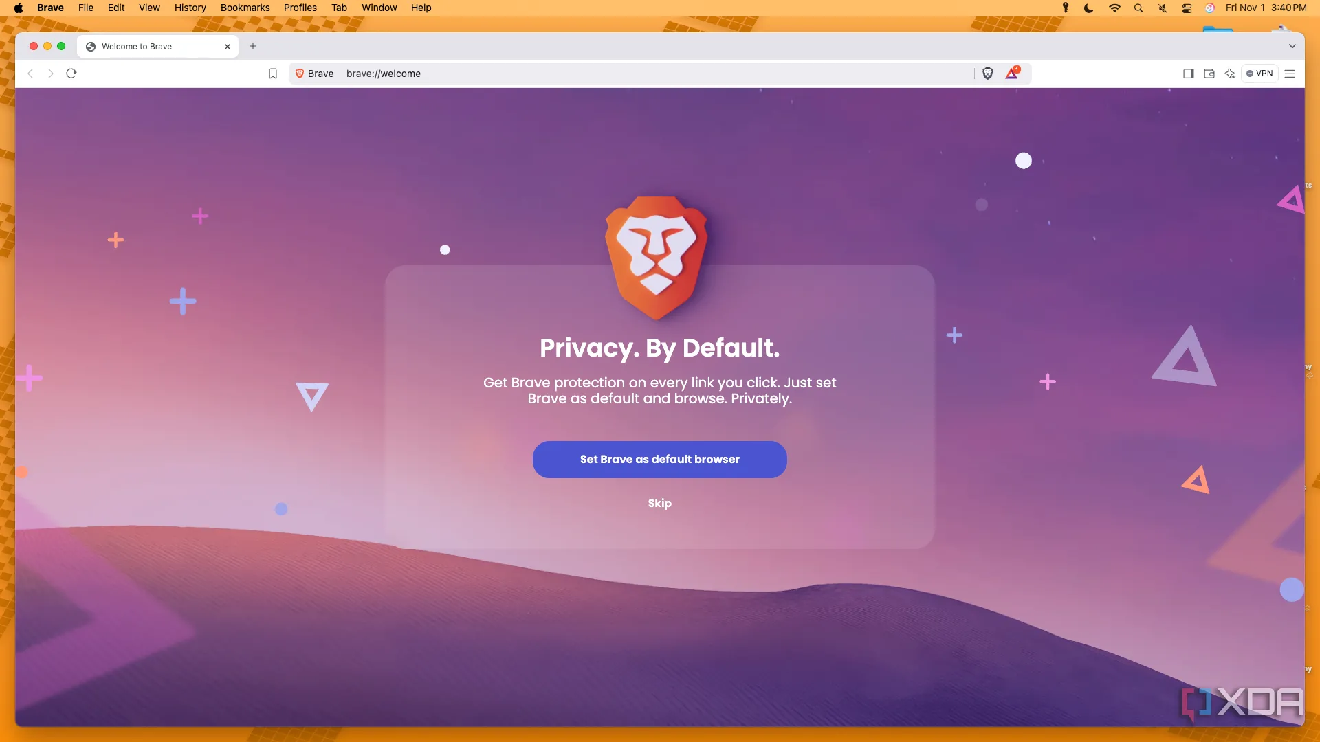 Giao diện trình duyệt Brave trên macOS với màn hình chào mừng
