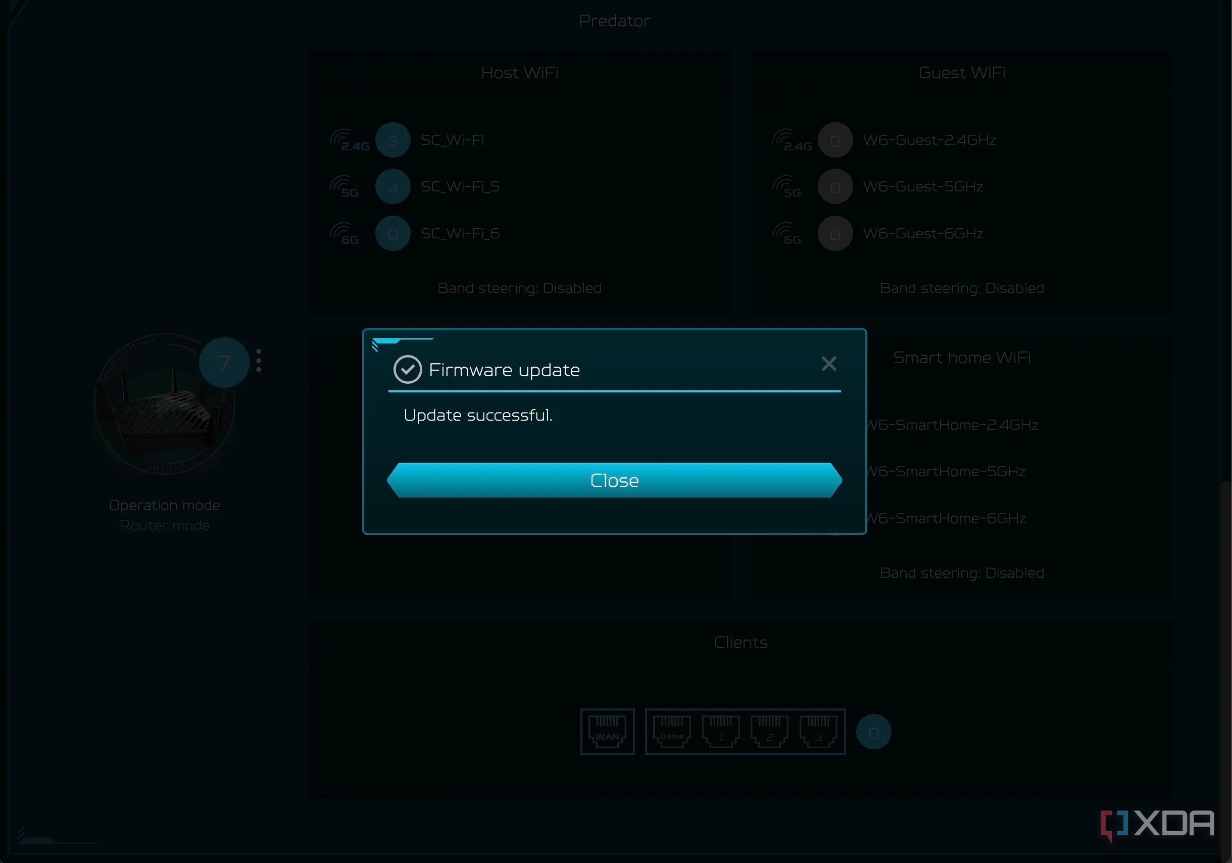 Giao diện trình duyệt web hiển thị thông báo hoàn tất cập nhật firmware cho router Acer Predator Connect W6, nhấn mạnh tầm quan trọng của bảo mật