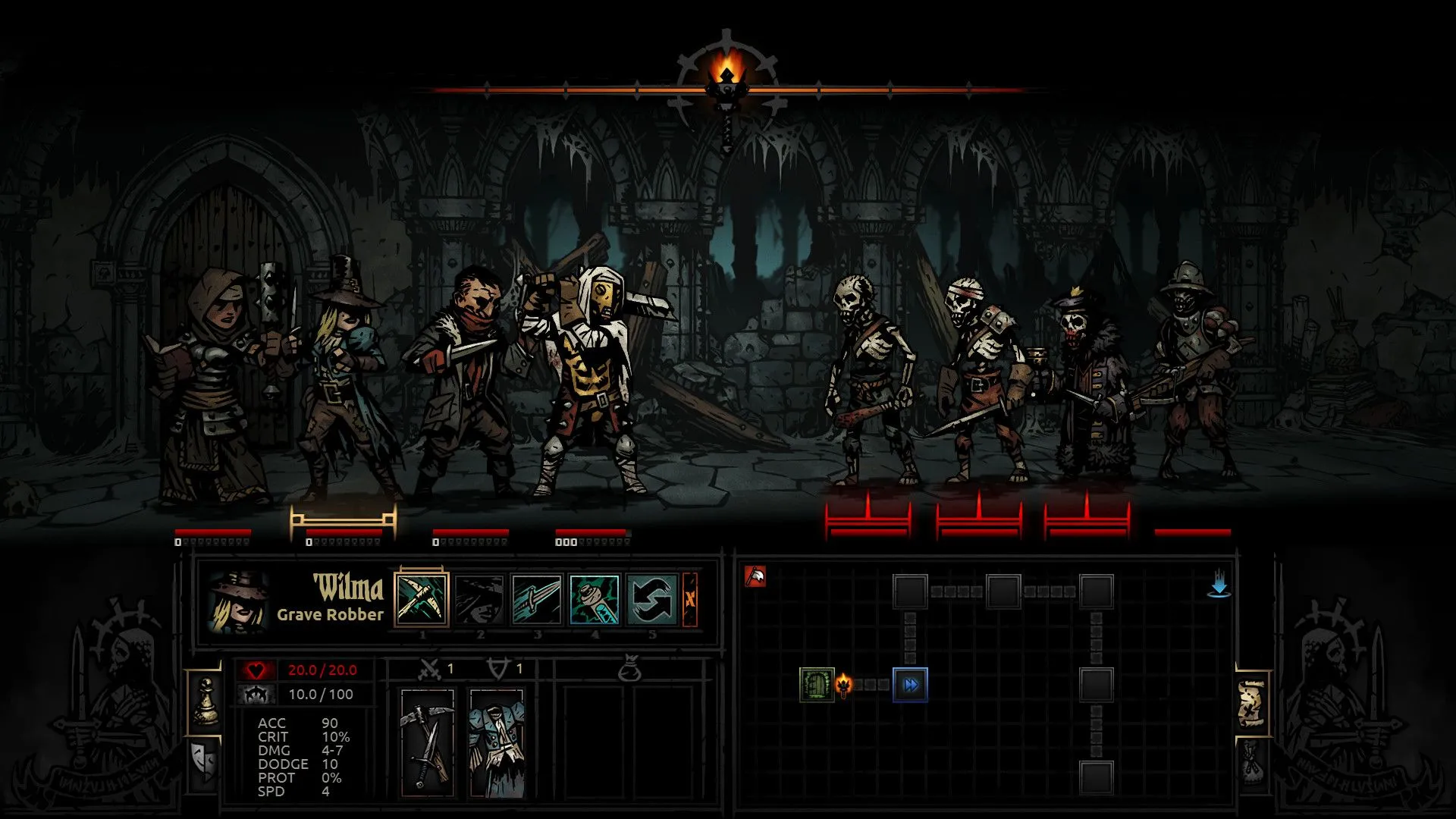 Giao diện trò chơi Darkest Dungeon thể hiện hệ thống Stress (căng thẳng) của nhân vật, minh họa cơ chế tinh thần trong game nhập vai.