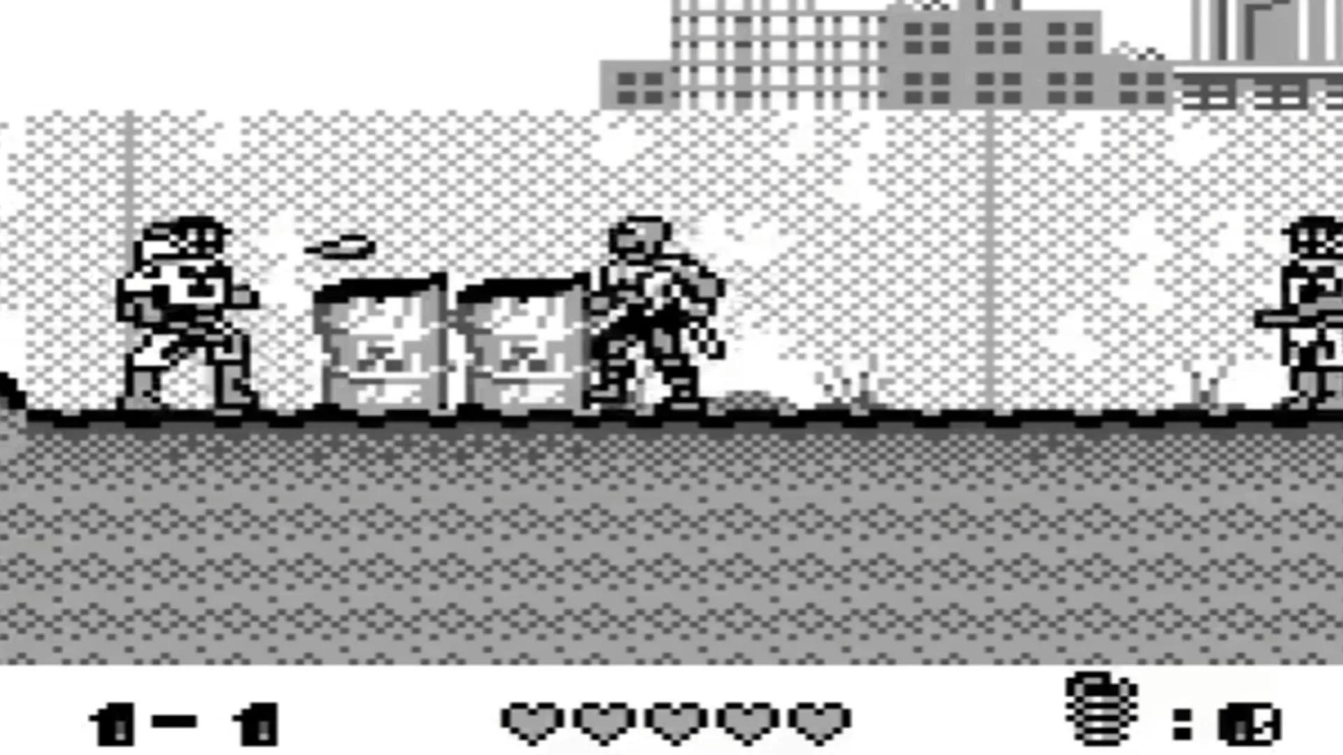 Giao diện trò chơi Toxic Crusaders trên Game Boy, minh họa đồ họa 8-bit và nhân vật