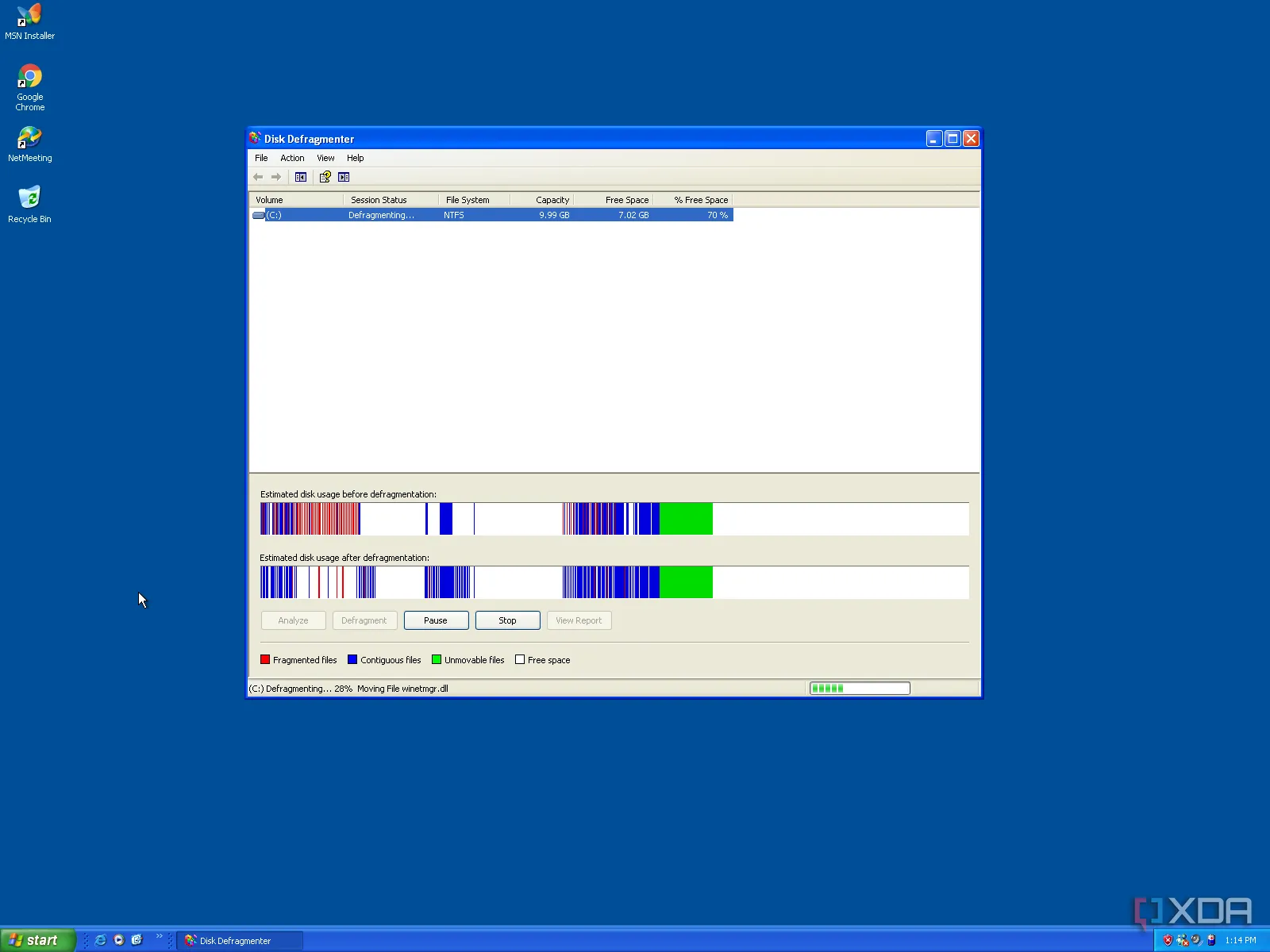 Giao diện trực quan của công cụ chống phân mảnh đĩa Disk Defragmenter trên Windows XP