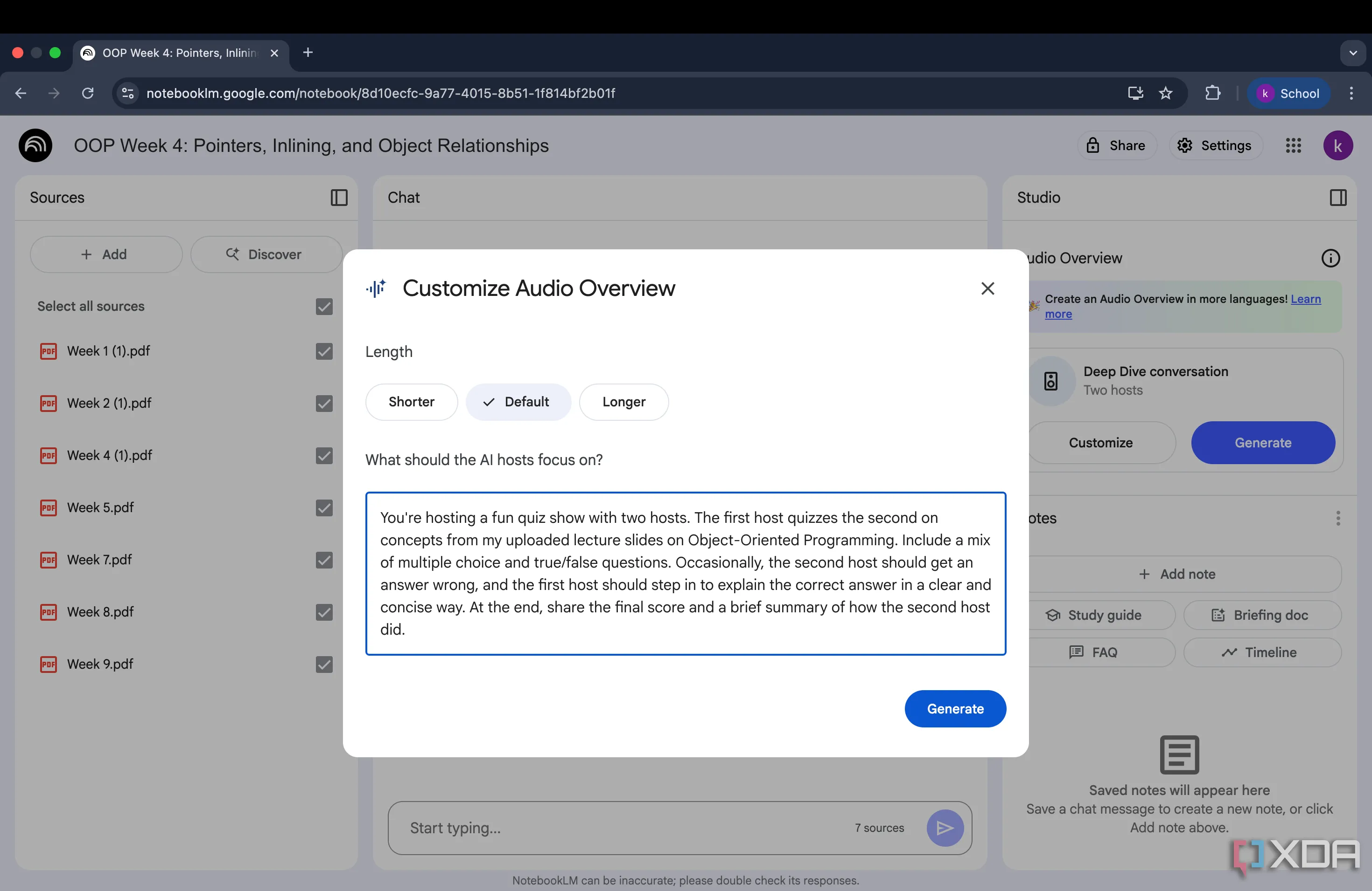 Giao diện tùy chỉnh Audio Overview của NotebookLM hiển thị prompt để tạo chương trình đố vui về Lập trình hướng đối tượng.