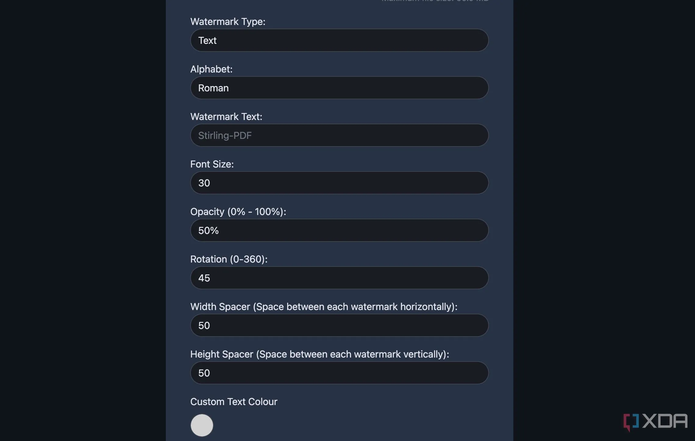 Giao diện tùy chỉnh watermark trong Stirling PDF, cho phép điều chỉnh độ mờ, xoay và vị trí