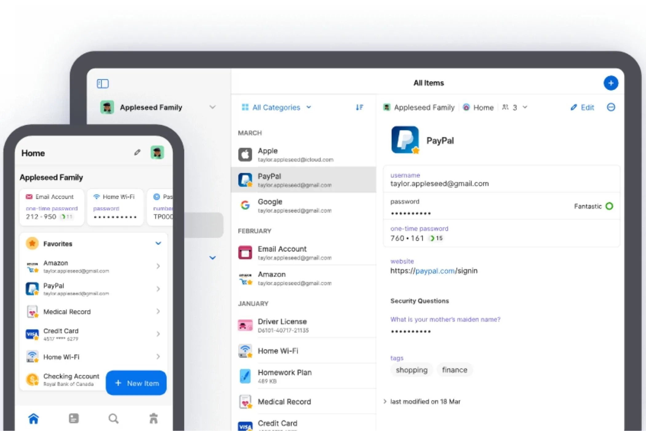 Giao diện ứng dụng 1Password trên điện thoại di động và máy tính bảng, minh họa khả năng quản lý mật khẩu đa nền tảng một cách an toàn và tiện lợi.