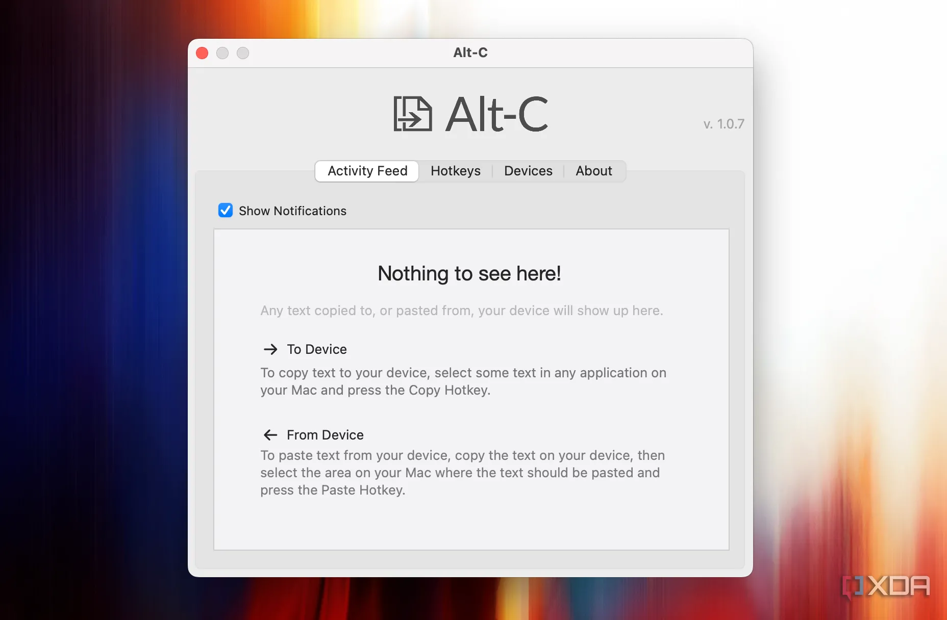 Giao diện ứng dụng Alt-C trên macOS, hiển thị tùy chọn đồng bộ clipboard