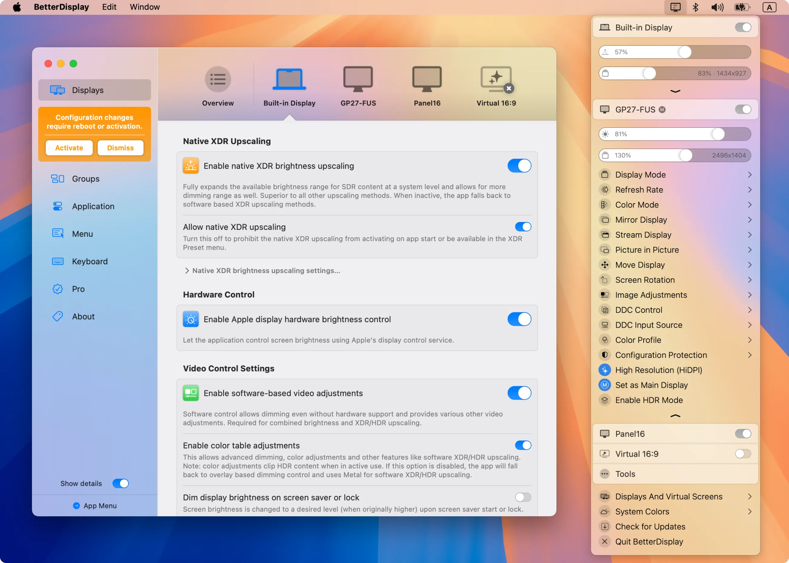 Giao diện ứng dụng BetterDisplay hiển thị cài đặt màn hình nâng cao trên macOS