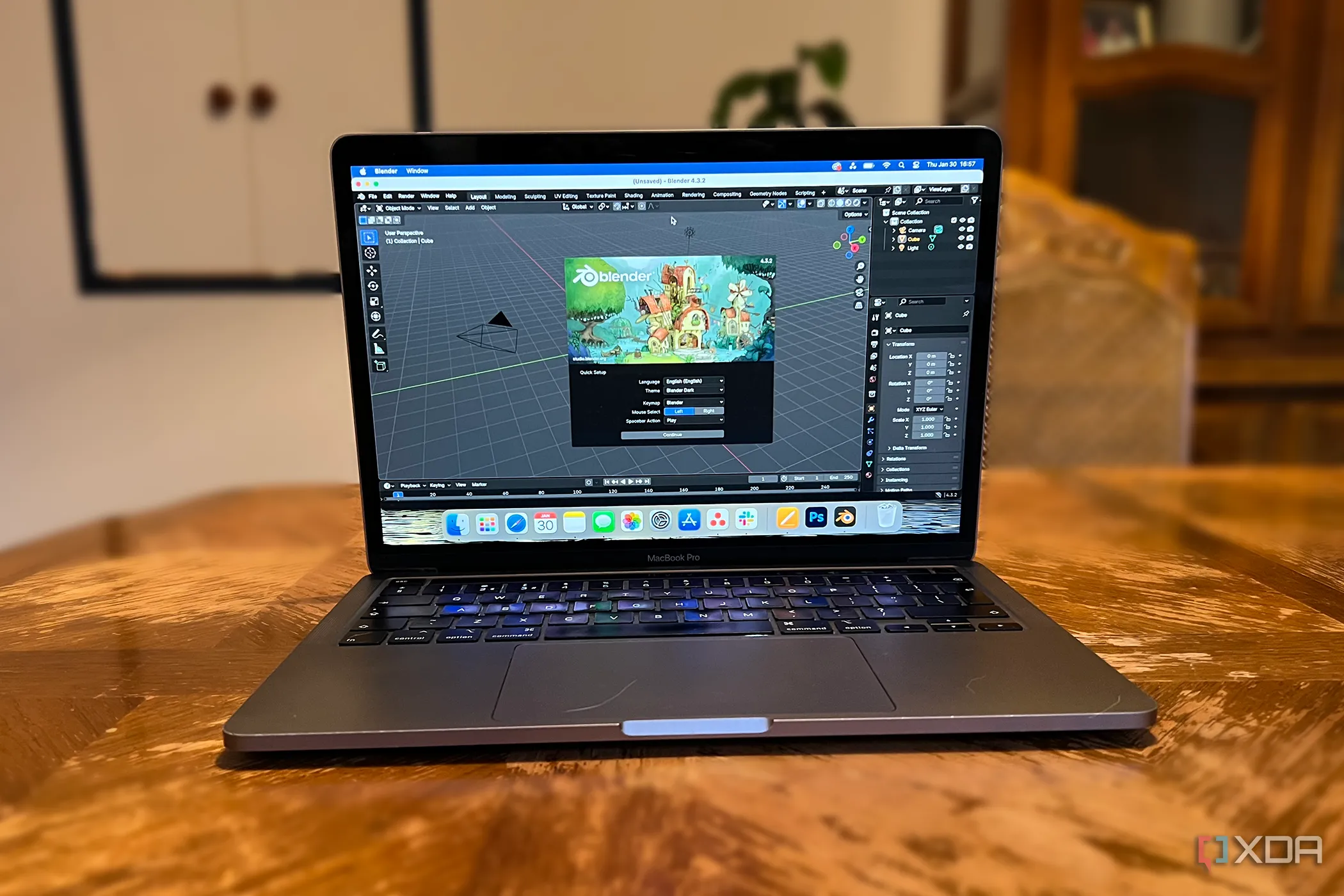Giao diện ứng dụng Blender trên MacBook, minh họa phần mềm thiết kế 3D mã nguồn mở