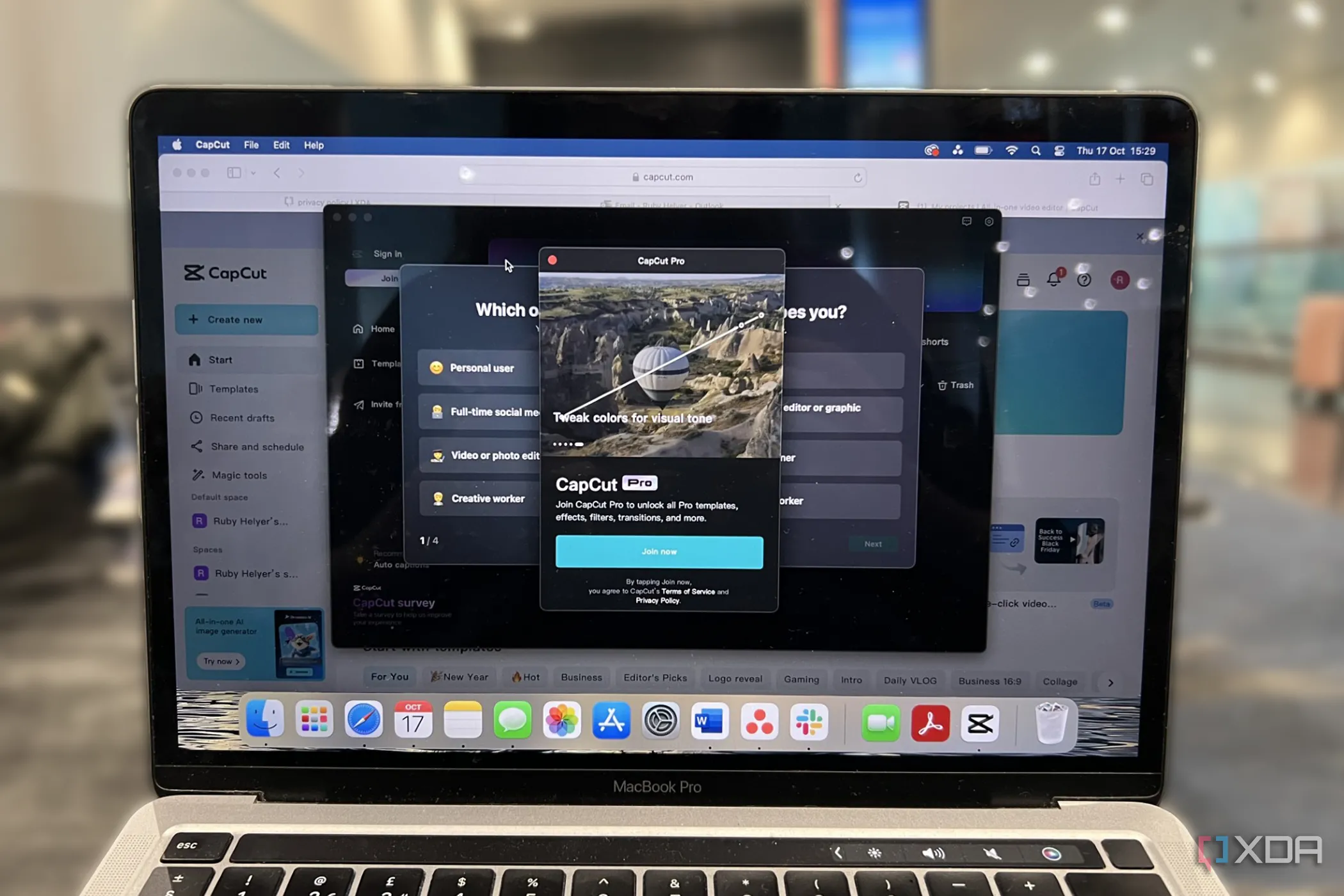 Giao diện ứng dụng CapCut trên MacBook Pro với màn hình tham gia, minh họa phần mềm chỉnh sửa video phổ biến