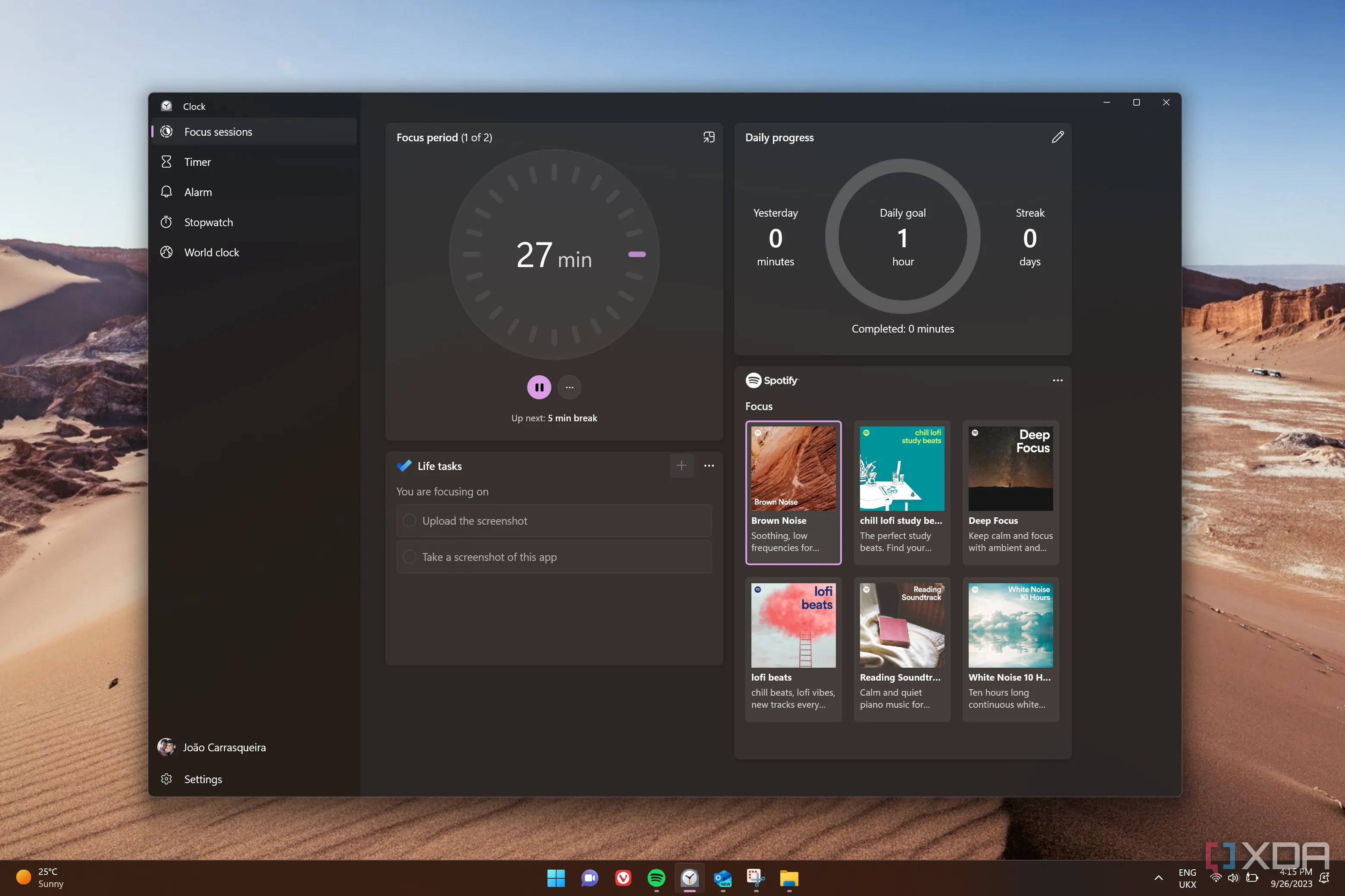 Giao diện ứng dụng Đồng hồ Windows 11 hiển thị tính năng Focus sessions để tăng cường tập trung làm việc
