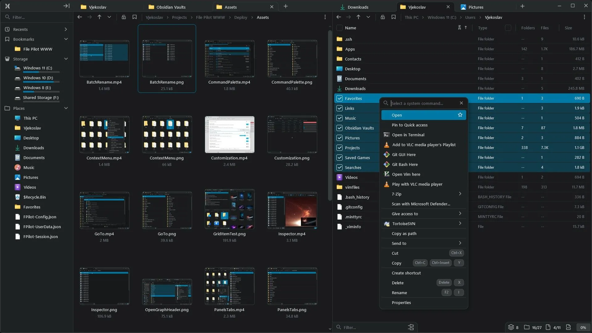Giao diện ứng dụng File Pilot với tính năng đa tab và menu ngữ cảnh độc đáo