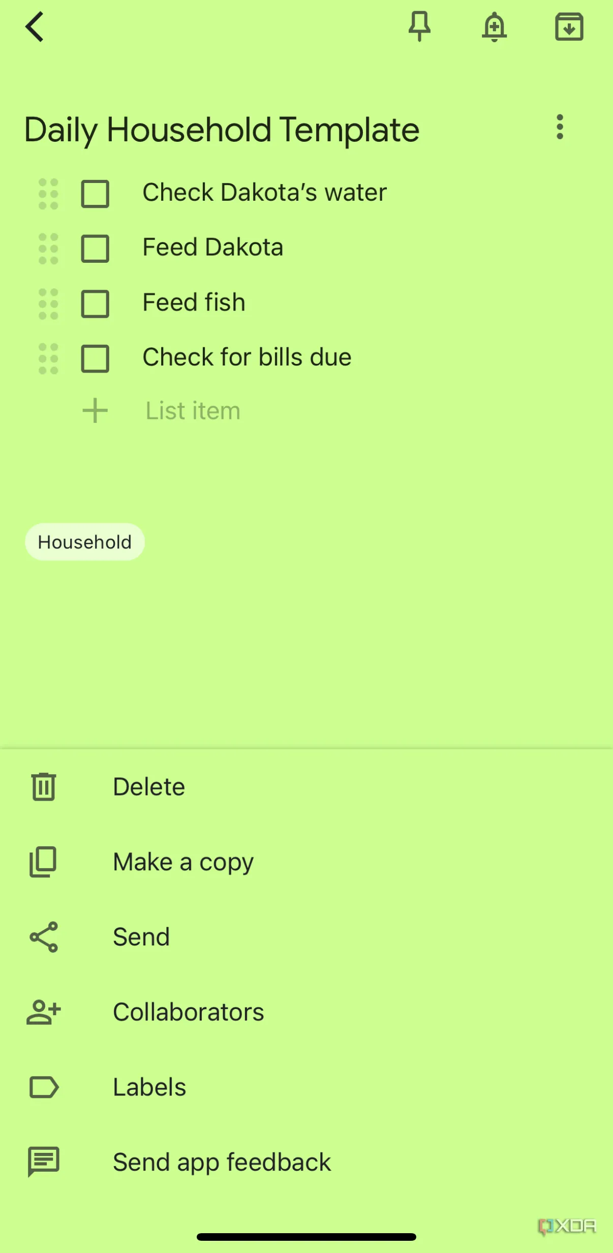 Giao diện ứng dụng Google Keep với mẫu ghi chú hàng ngày có thể sao chép