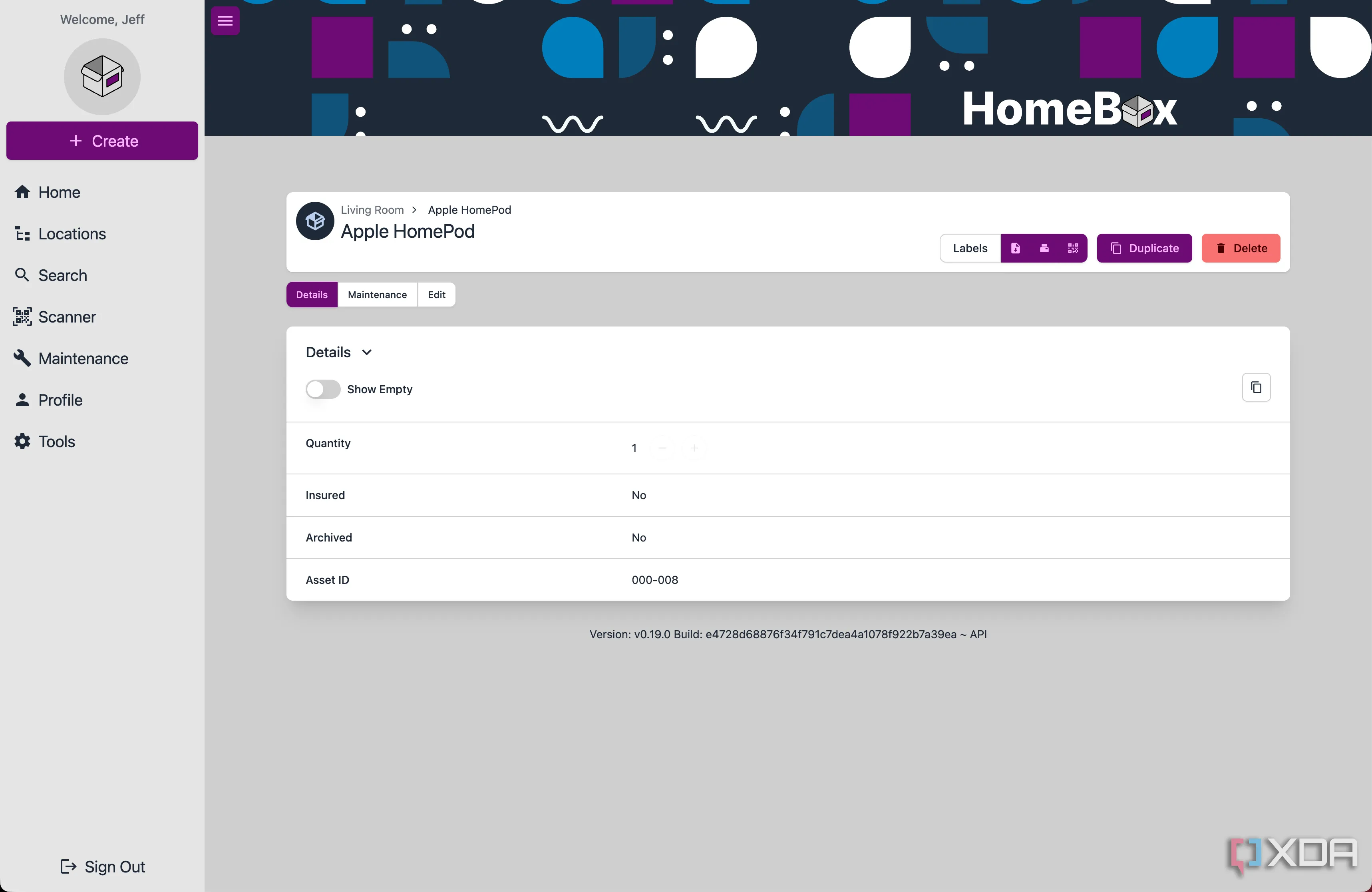 Giao diện ứng dụng Homebox hiển thị thông tin chi tiết về một vật phẩm trong nhà