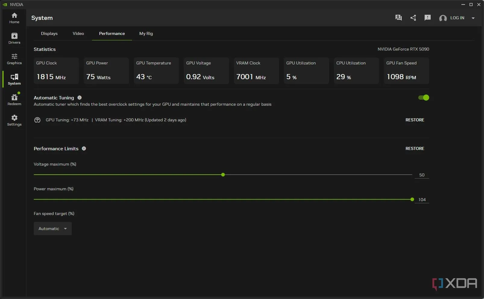 Giao diện ứng dụng Nvidia hiển thị các tùy chọn tinh chỉnh hiệu suất tự động của GPU