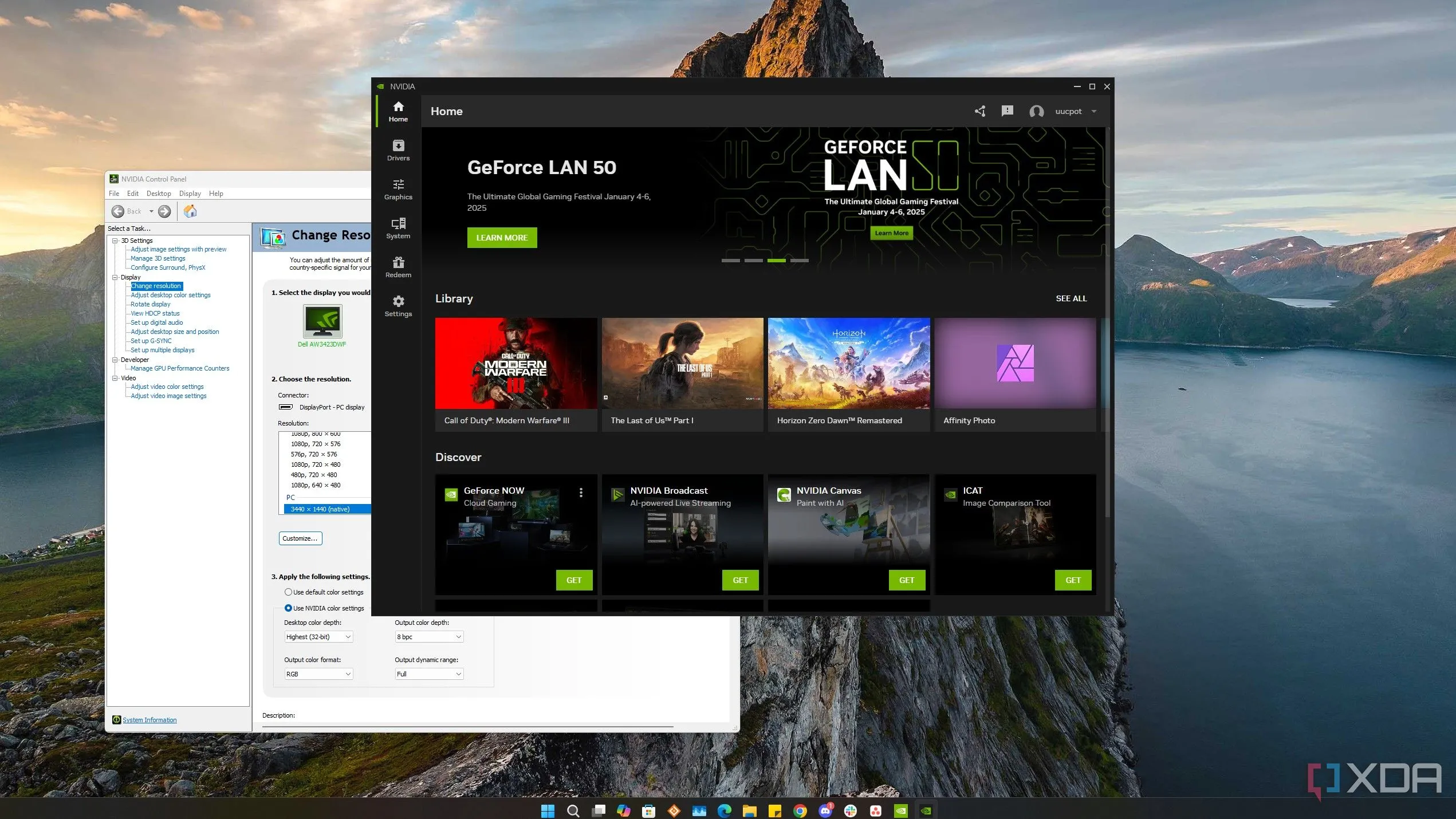 Giao diện ứng dụng Nvidia và Nvidia Control Panel trên Windows 11