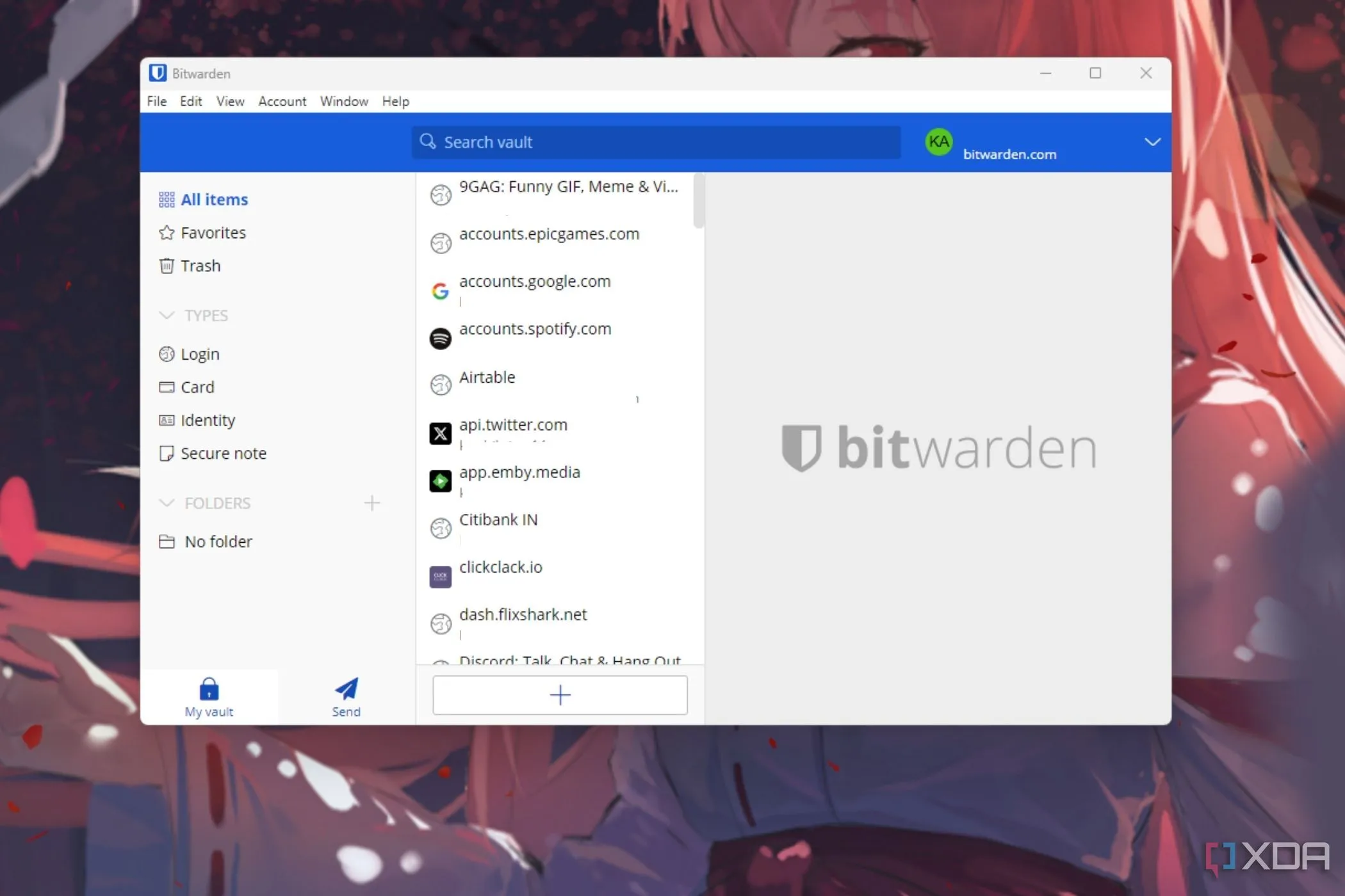Giao diện ứng dụng quản lý mật khẩu Bitwarden trên Windows, minh họa tính năng lưu trữ mật khẩu an toàn và tiện lợi, nhấn mạnh sự thiếu sót của Microsoft 365 trong lĩnh vực này.