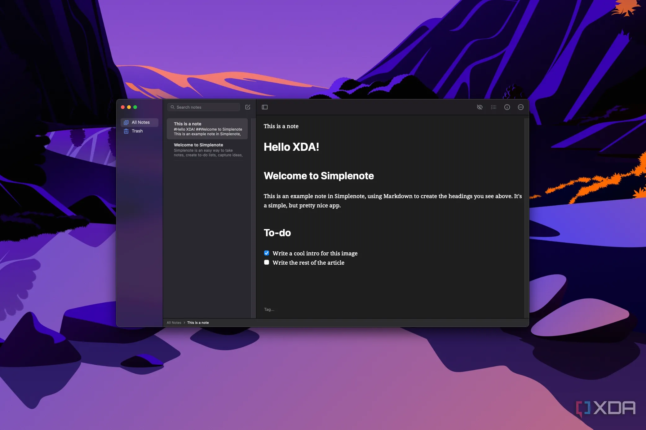 Giao diện ứng dụng Simplenote trên macOS, minh họa tính năng ghi chú đơn giản