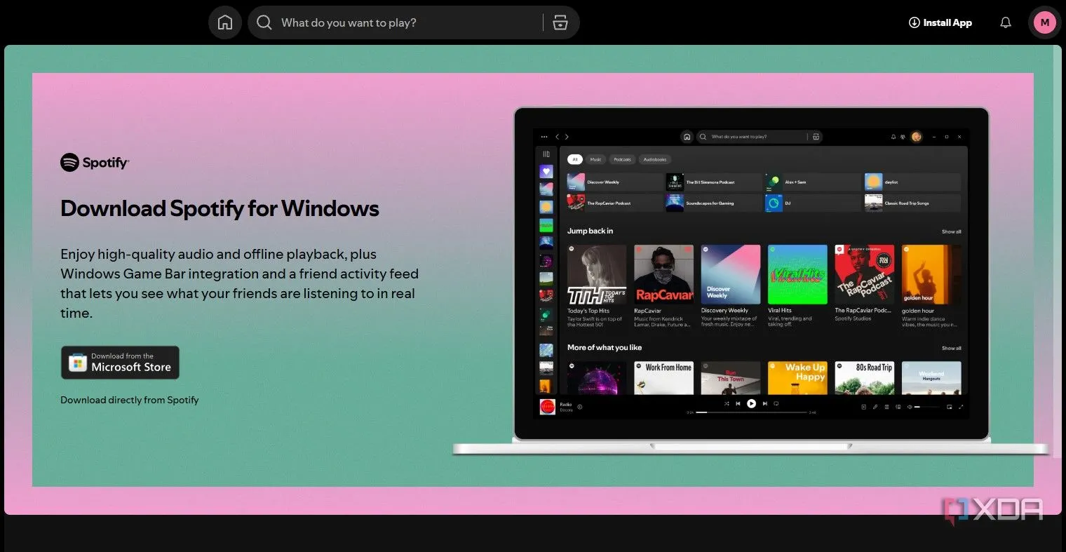 Giao diện ứng dụng Spotify trên Windows, minh họa tính năng độc quyền của ứng dụng gốc so với ứng dụng web