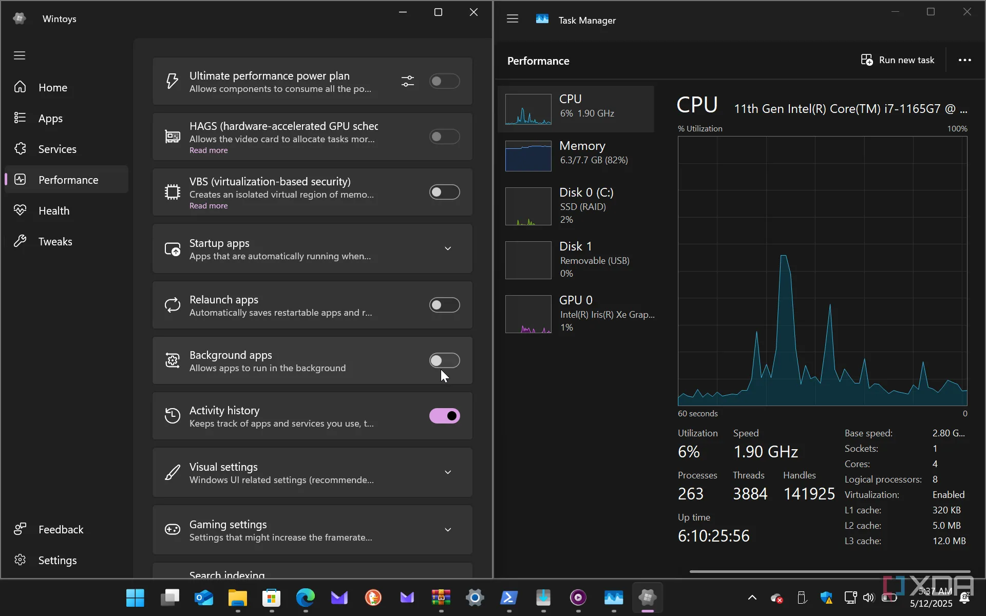 Giao diện ứng dụng Wintoys và Task Manager hiển thị mức độ sử dụng tài nguyên thấp trên Windows 11
