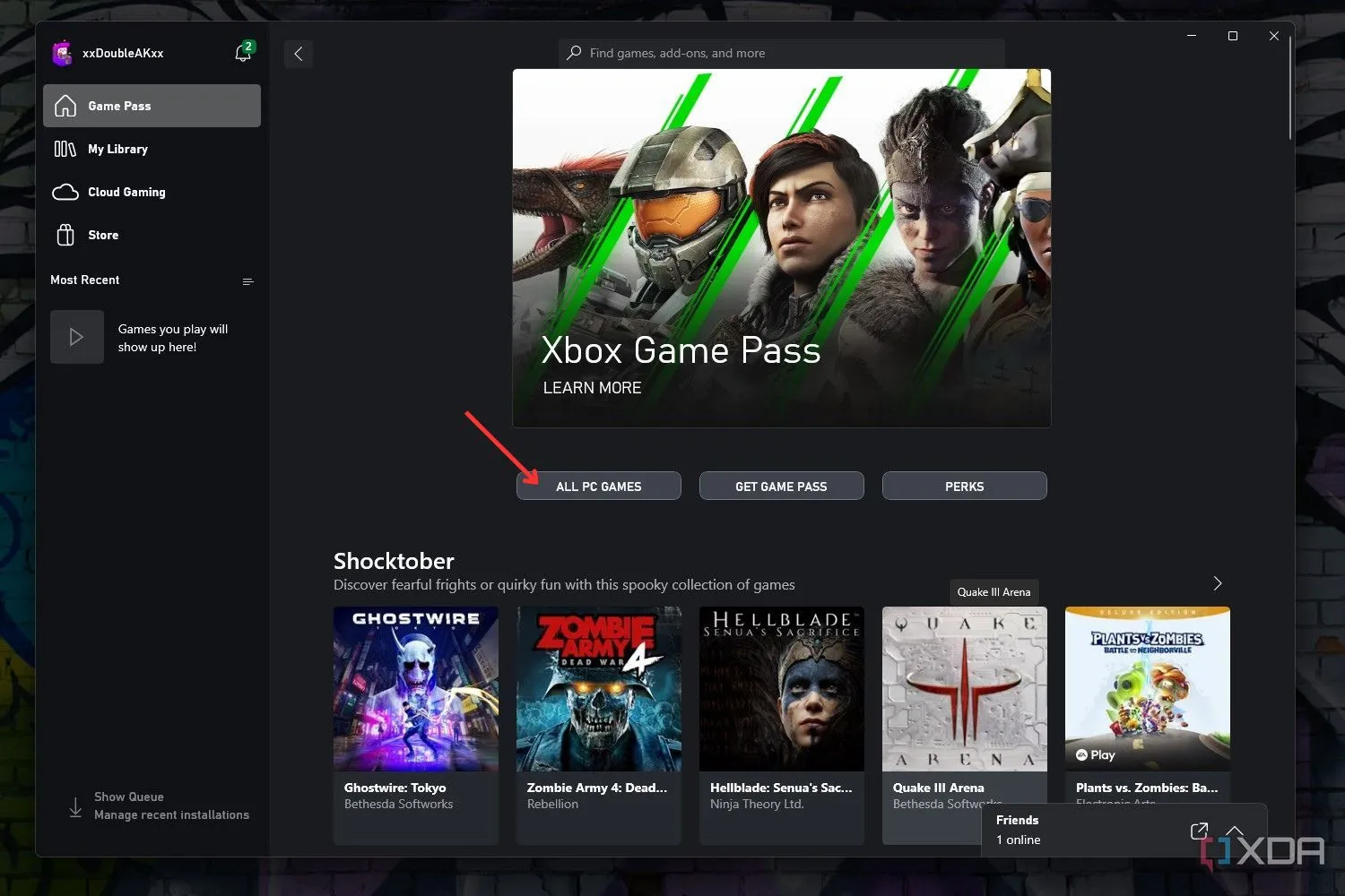 Giao diện ứng dụng Xbox trên Windows hiển thị tùy chọn &quot;Tất cả trò chơi PC&quot;, minh họa cho việc truy cập PC Game Pass.