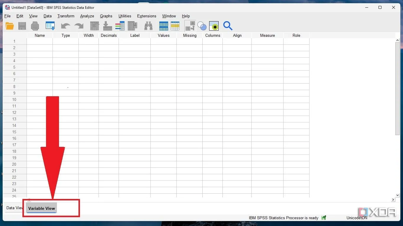 Giao diện Variable View trong SPSS để định nghĩa các biến