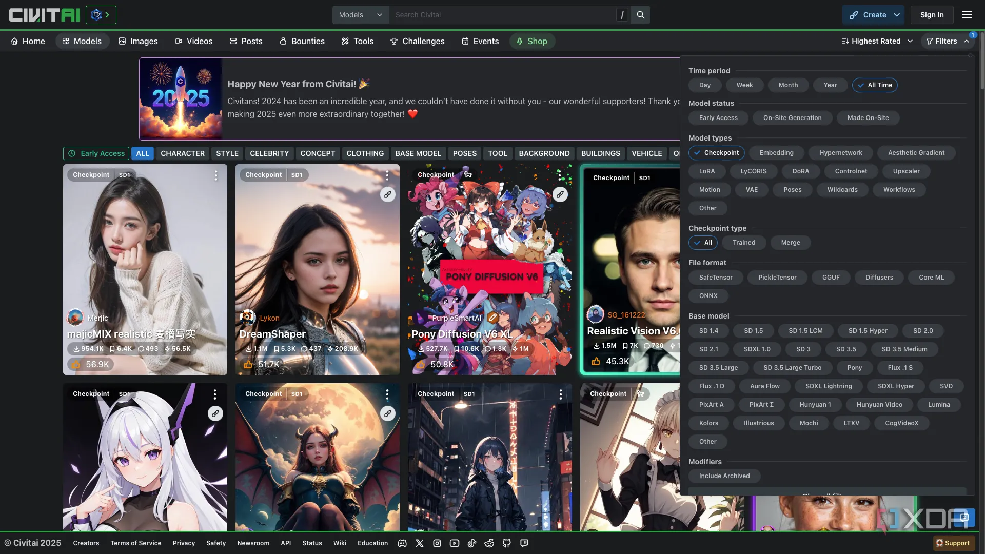 Giao diện website Civitai hiển thị các tùy chọn tìm kiếm và bộ lọc để khám phá mô hình Stable Diffusion và LoRA