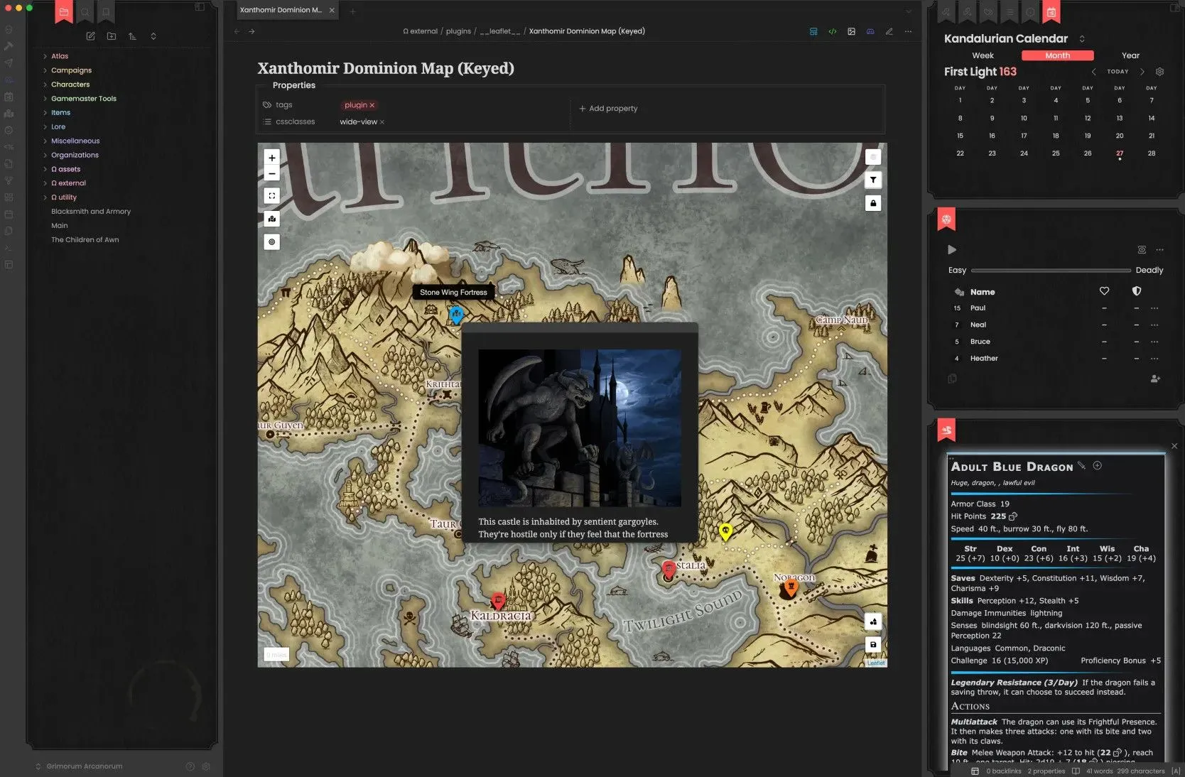 Giao diện wiki Dungeons &amp; Dragons được xây dựng bằng Obsidian, hiển thị thông tin nhân vật và thế giới