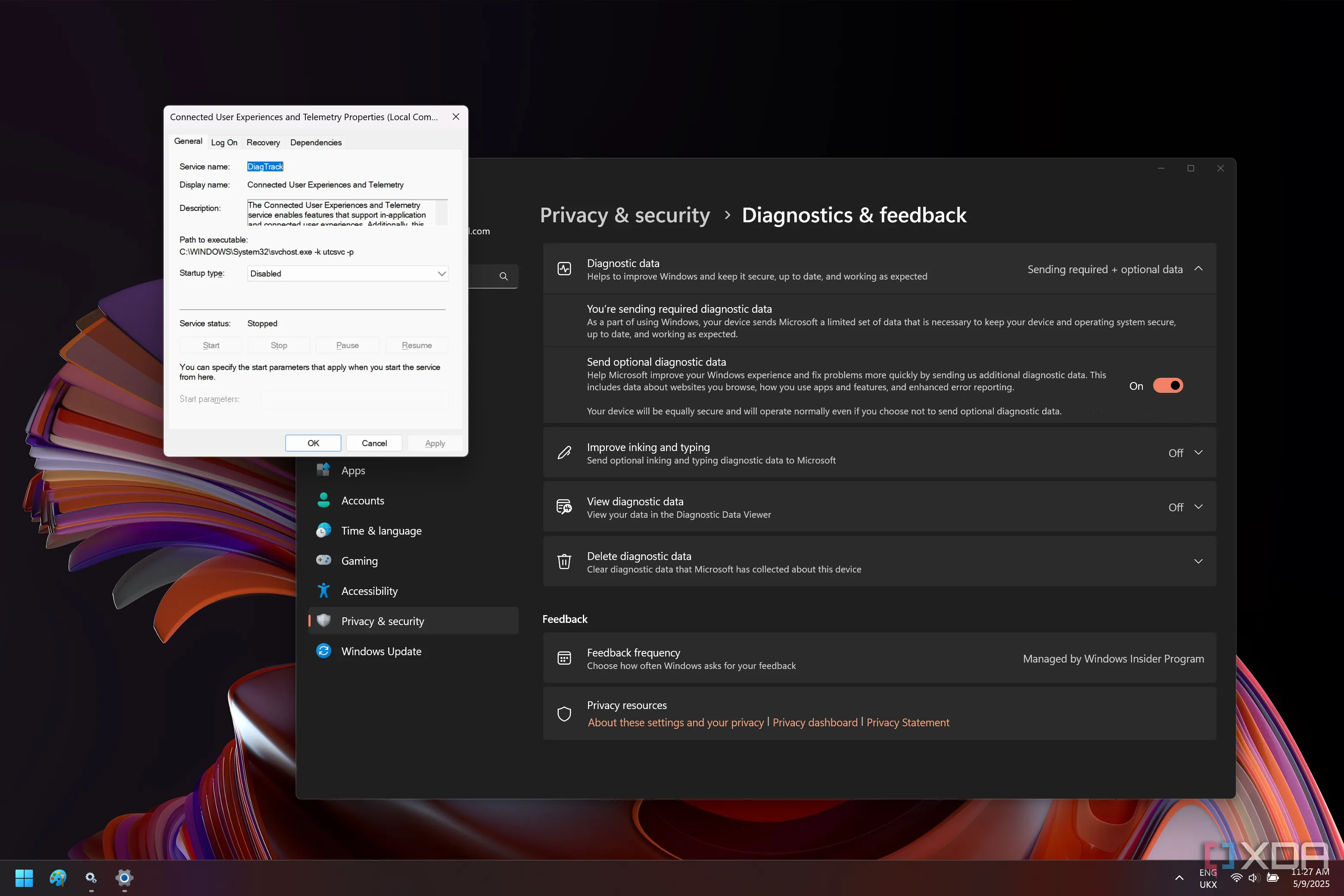 Giao diện Windows 11 hiển thị dịch vụ Connected User Experiences and Telemetry đã tắt, kèm theo trang Diagnostics &amp; feedback.