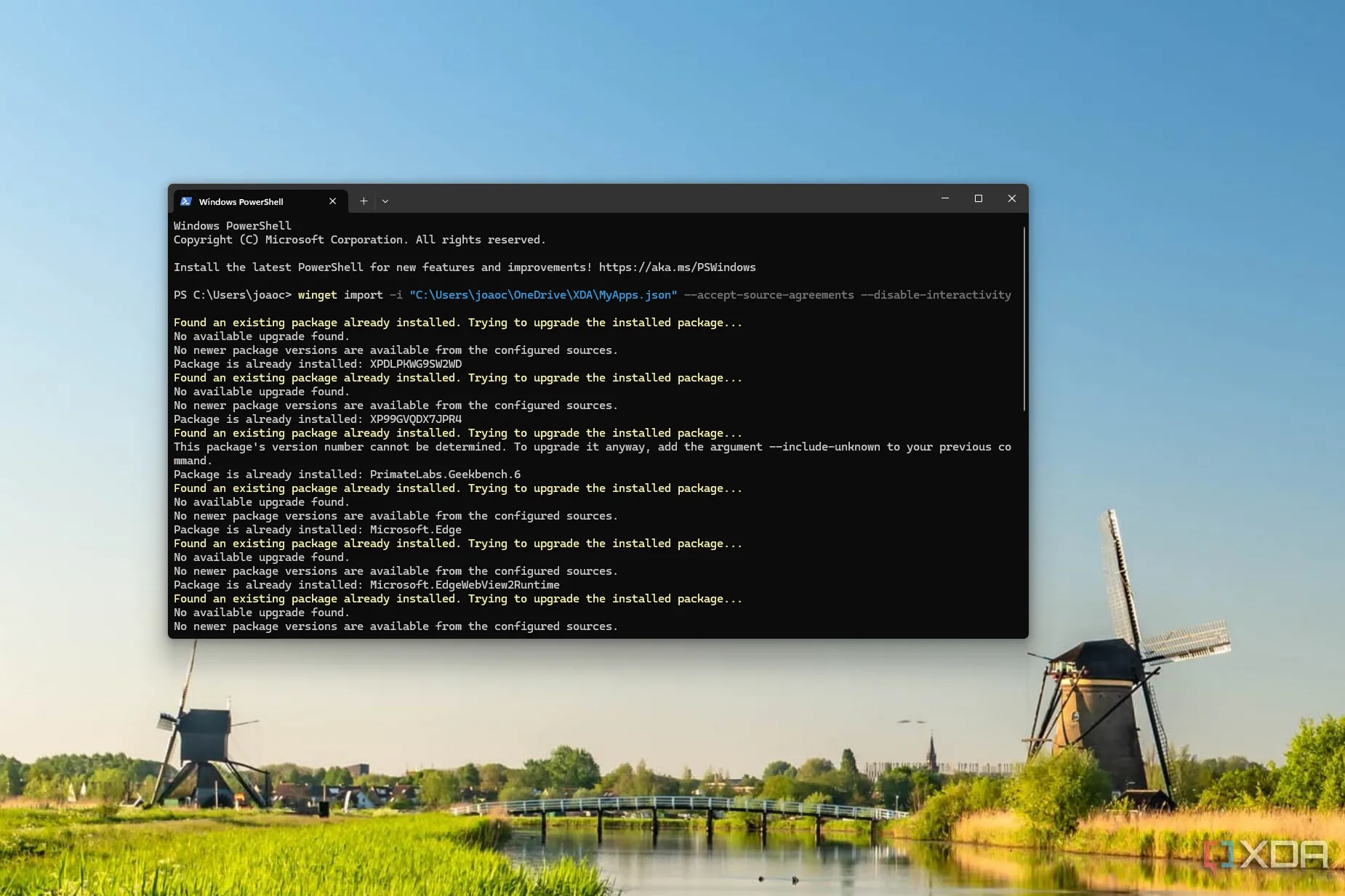 Giao diện Windows Terminal hiển thị quá trình cài đặt ứng dụng từ file backup sử dụng Winget
