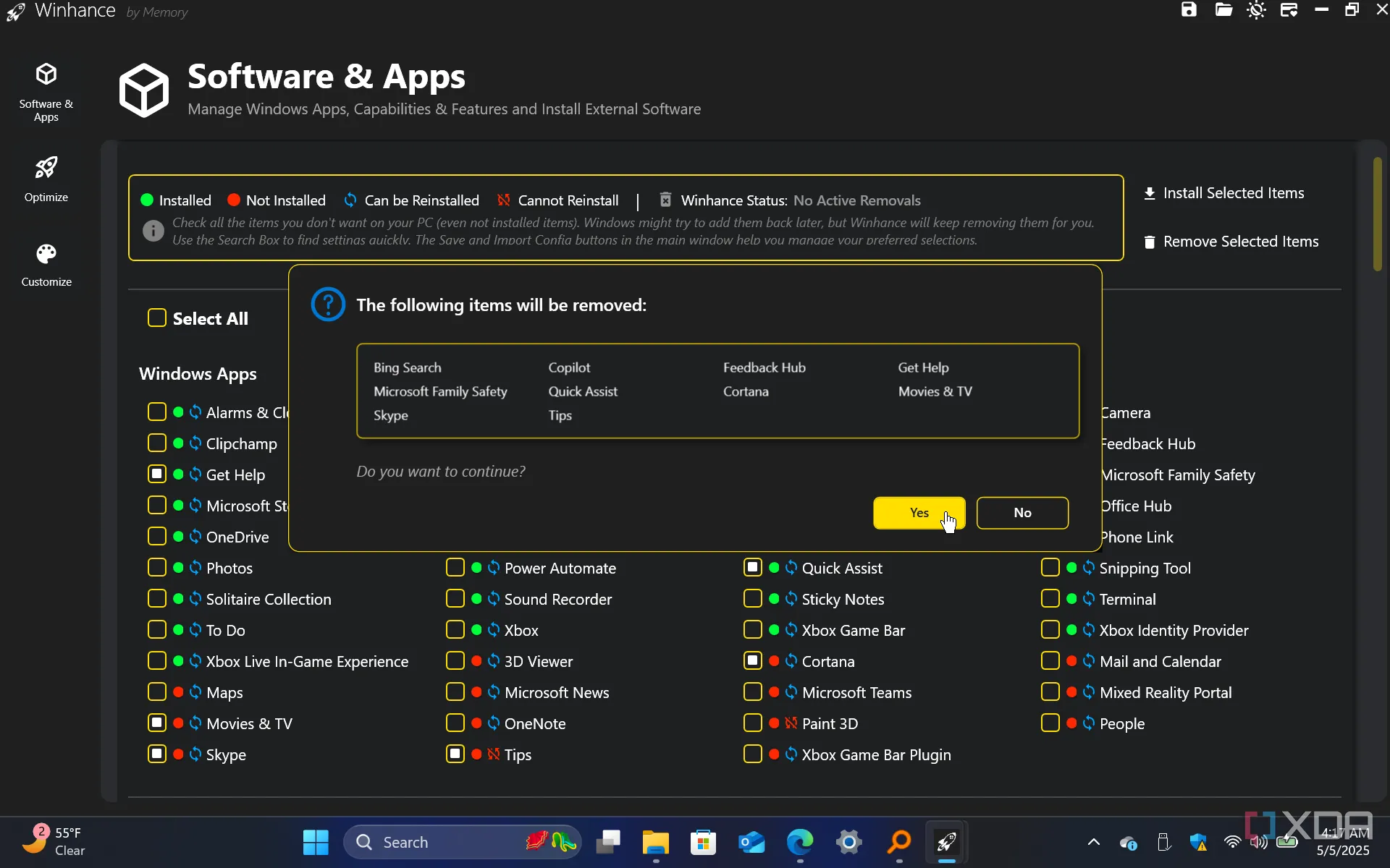 Giao diện Winhance hiển thị danh sách các tính năng Windows có thể gỡ bỏ để tối ưu hệ thống