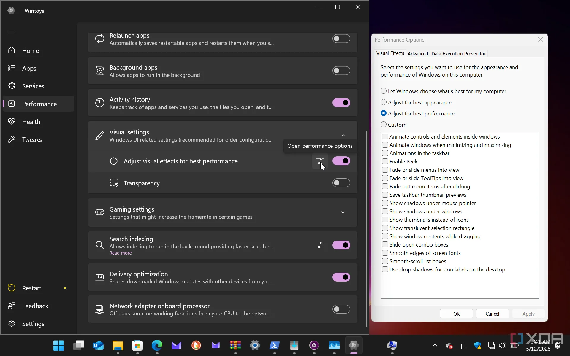 Giao diện Wintoys hiển thị cài đặt quản lý hiệu ứng hình ảnh trên Windows 11