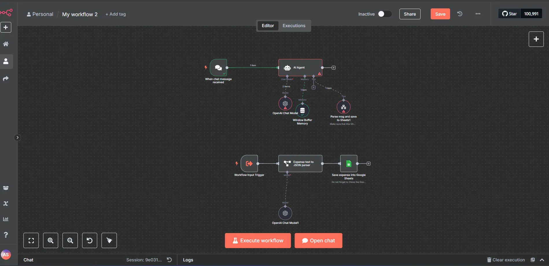 Giao diện workflow n8n hiển thị các bước tự động theo dõi chi tiêu và ghi vào Google Sheet