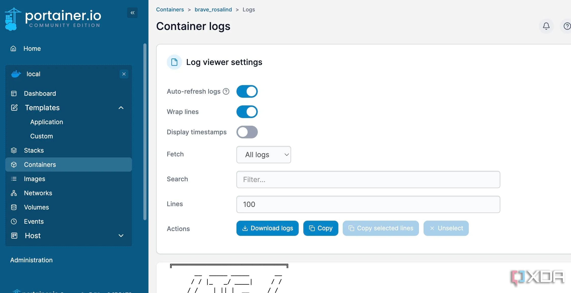 Giao diện xem log chi tiết của một Docker container trong Portainer
