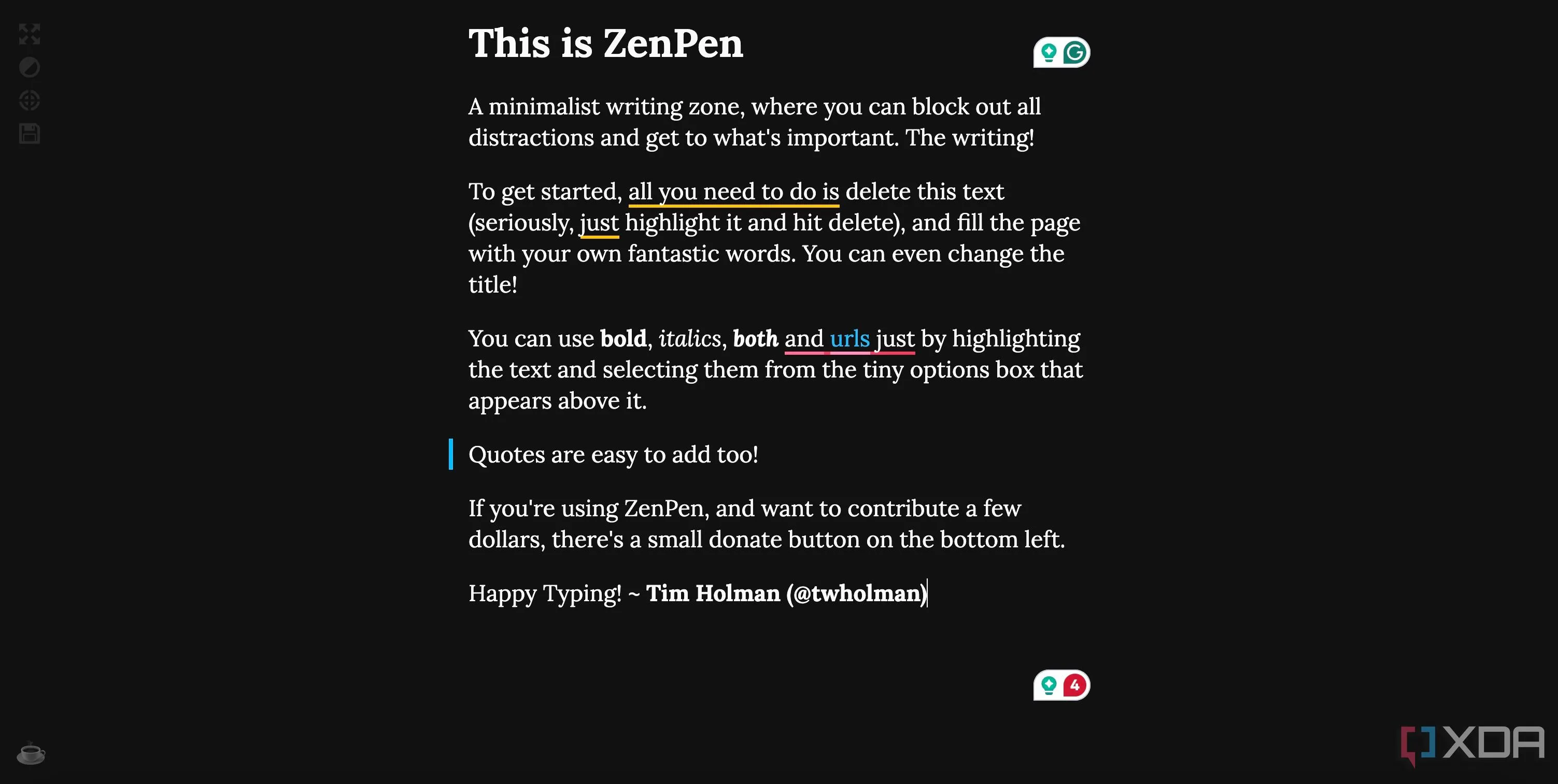 Giao diện ZenPen đang hoạt động trong trình duyệt Chrome ở chế độ tập trung