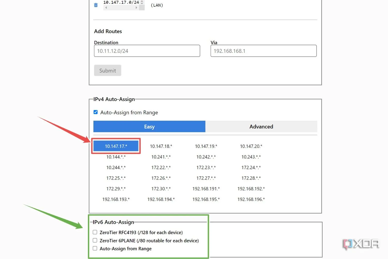 Giao diện ZeroTier hiển thị các tùy chọn cấu hình tự động gán IPv4 và IPv6, nhấn mạnh khả năng kiểm soát mạng linh hoạt