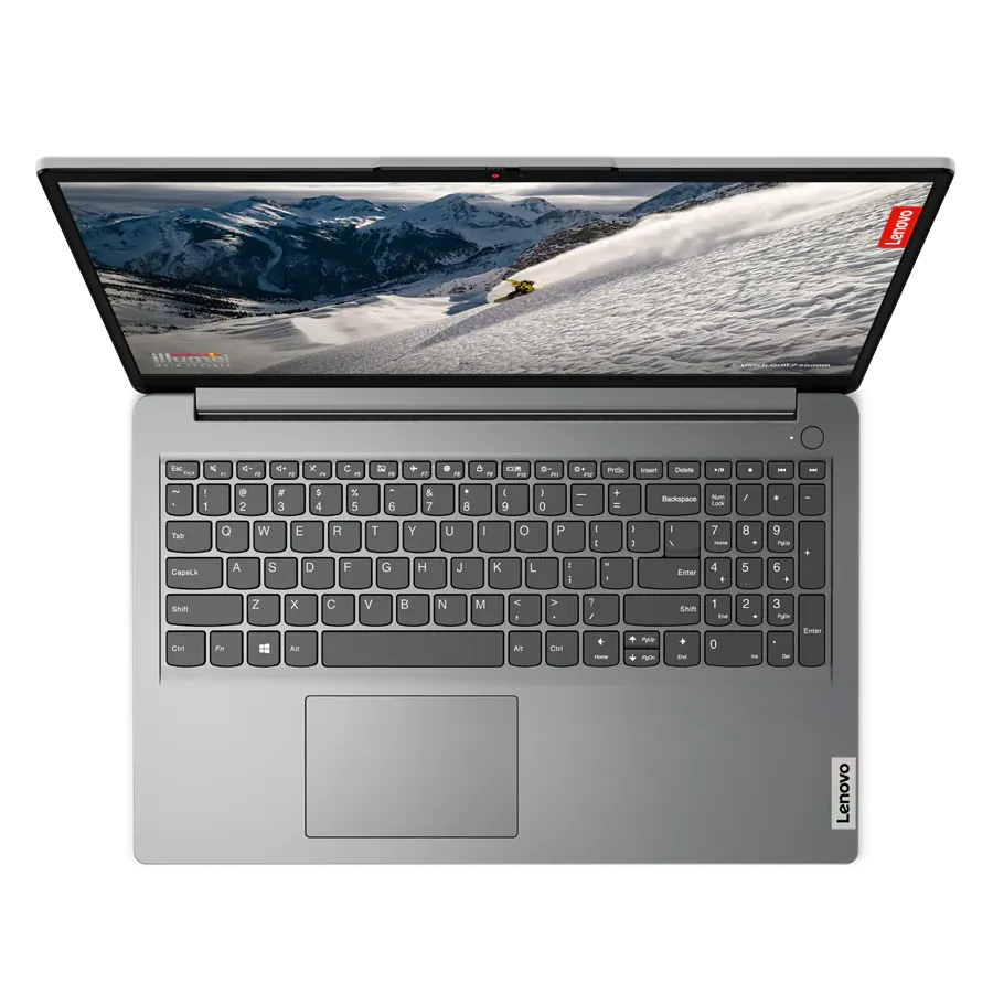 Góc nhìn từ trên cao của laptop Lenovo IdeaPad 1 màu Xám Bão, đang mở nắp, hiển thị bàn phím và màn hình