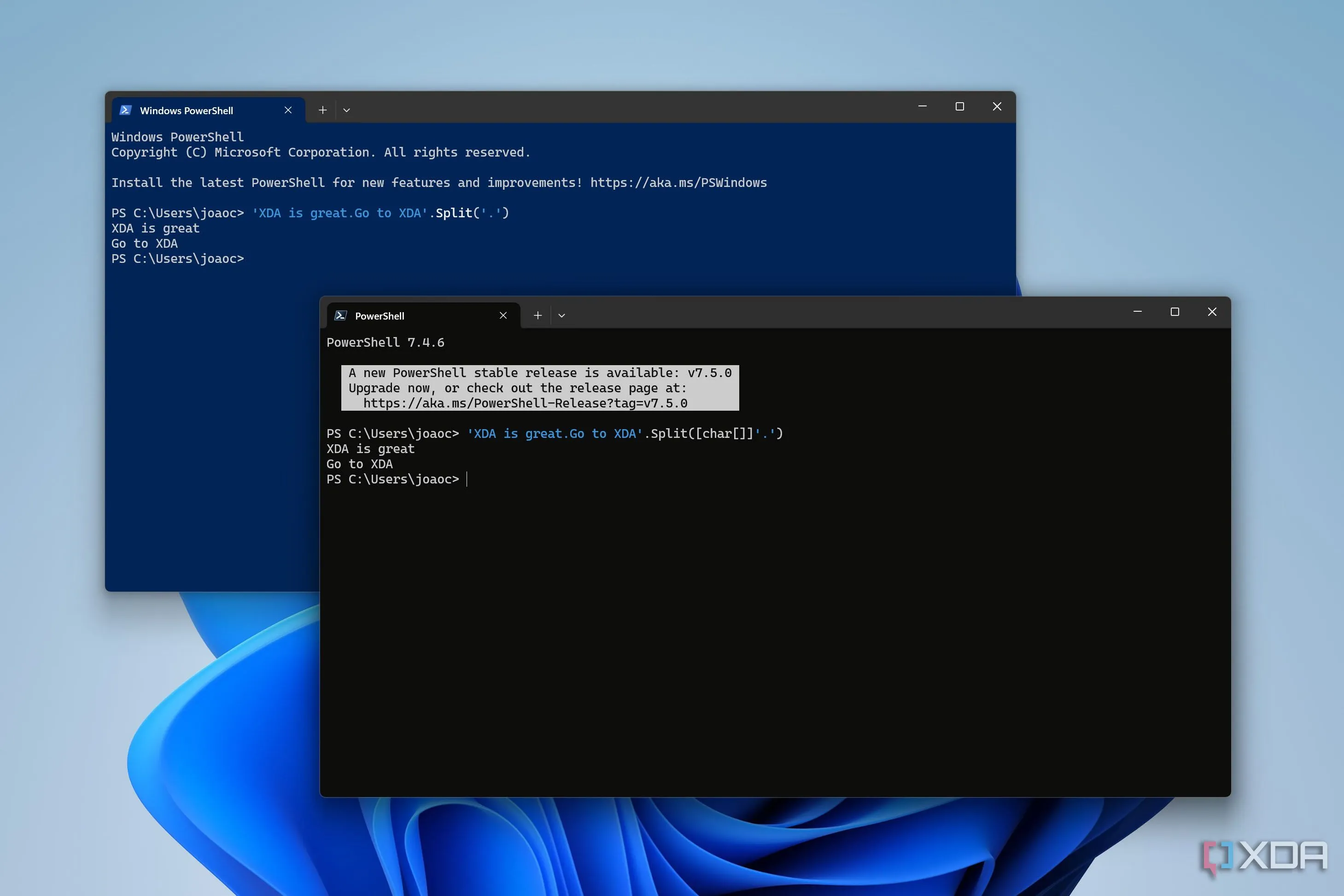 Hai cửa sổ Windows Terminal hiển thị Windows PowerShell và PowerShell hiện đại chạy song song.