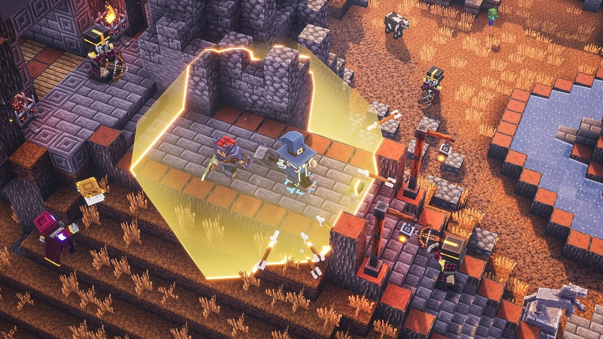 Hai người chơi cùng nhau khám phá hầm ngục trong game phiêu lưu hành động Minecraft Dungeons.