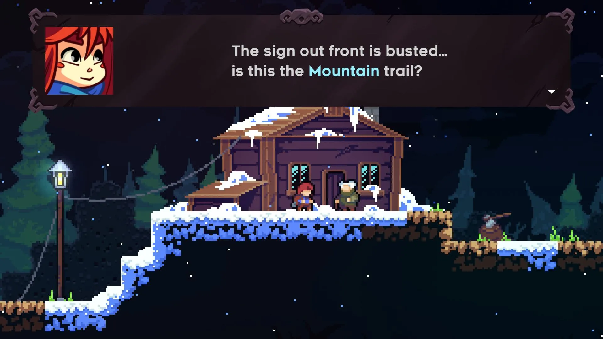 Hai nhân vật trong game Celeste đang trò chuyện bên trong một căn nhà gỗ nhỏ giữa khung cảnh tuyết trắng, với hộp thoại hiển thị