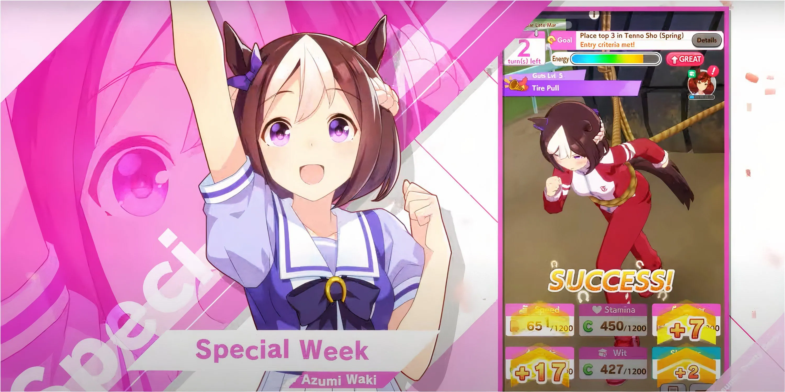 Hai nữ nhân mã trong trang phục biểu diễn idol trên sân khấu của Umamusume Pretty Derby