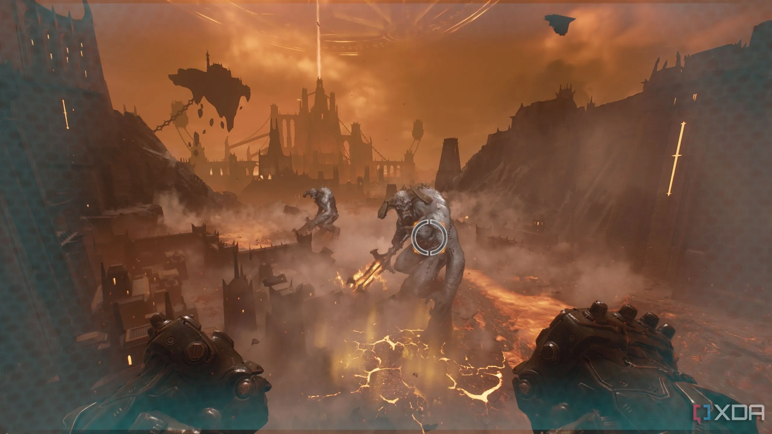 Hai Titan đang xếp hàng đợi người chơi tấn công trong Doom The Dark Ages