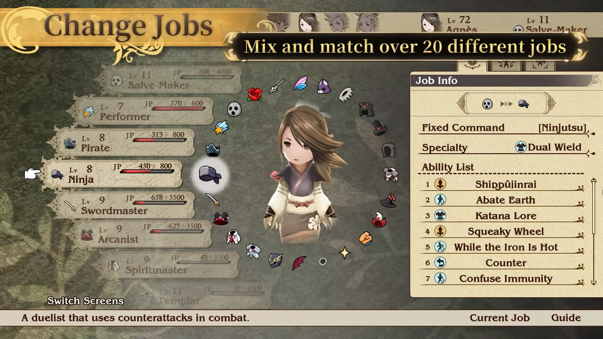 Hệ thống Job (nghề nghiệp) phong phú trong Bravely Default, cho phép người chơi tùy biến kỹ năng và phong cách chiến đấu của nhân vật.